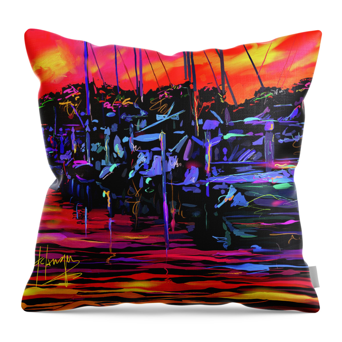 Boats In San Diego Harbor Throw Pillow featuring the painting Boats in San Diego Harbor by DC Langer