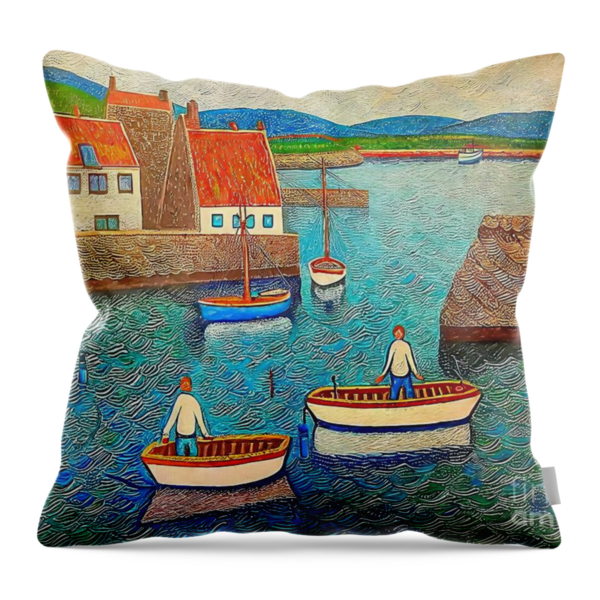 Tugboat Throw Pillow featuring the painting Boats In The Country Painting tugboat boats village impressionist oil acrylic art artistic backdrop background banner boat brush stroke color colorful concept creative dawn dawn landscape design by N Akkash