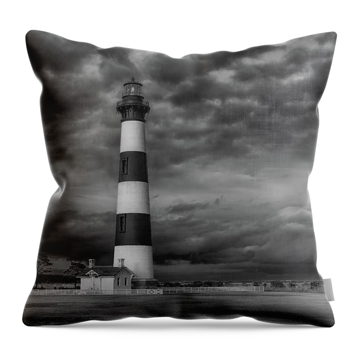 Bodie Island Lighthouse Throw Pillow featuring the photograph Bodie Island Lighthouse Moody Skies by Fon Denton