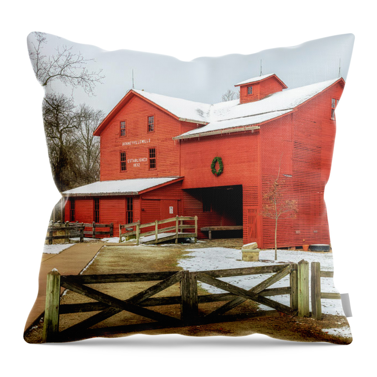 Bonneyville Mills Throw Pillow featuring the photograph Bonneyville Mills in Winter by Susan Rissi Tregoning