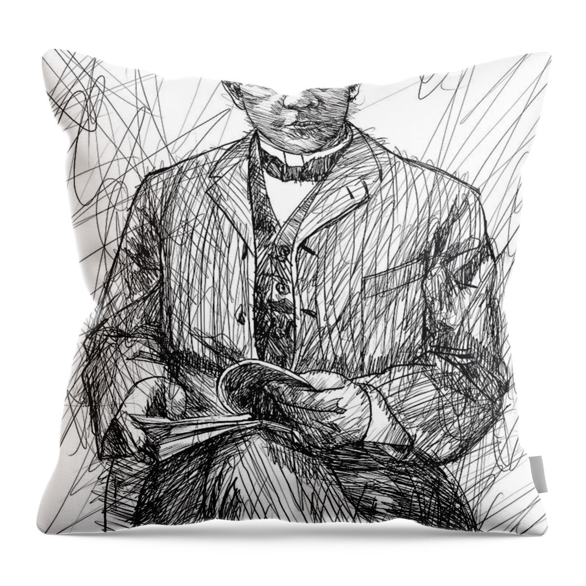 Booker T Washington Throw Pillow featuring the drawing BOOKER T. WASHINGTON ink portrait by Fabrizio Cassetta