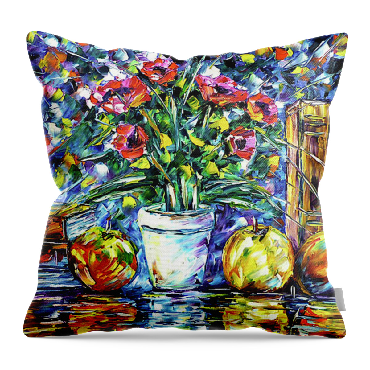 Horizontal Still Life Painting Throw Pillow featuring the painting Books, Flowers And Apples by Mirek Kuzniar