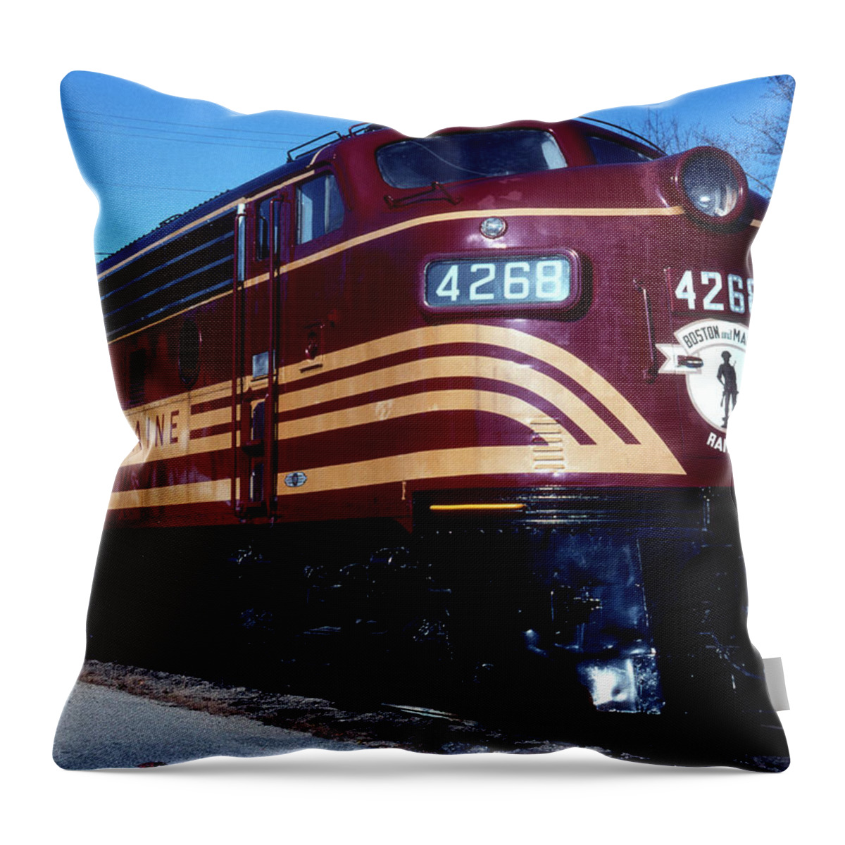  Throw Pillow featuring the photograph Boston and Maine Railroad Locomotive, Conway, New Hampshire, 199 by A Macarthur Gurmankin
