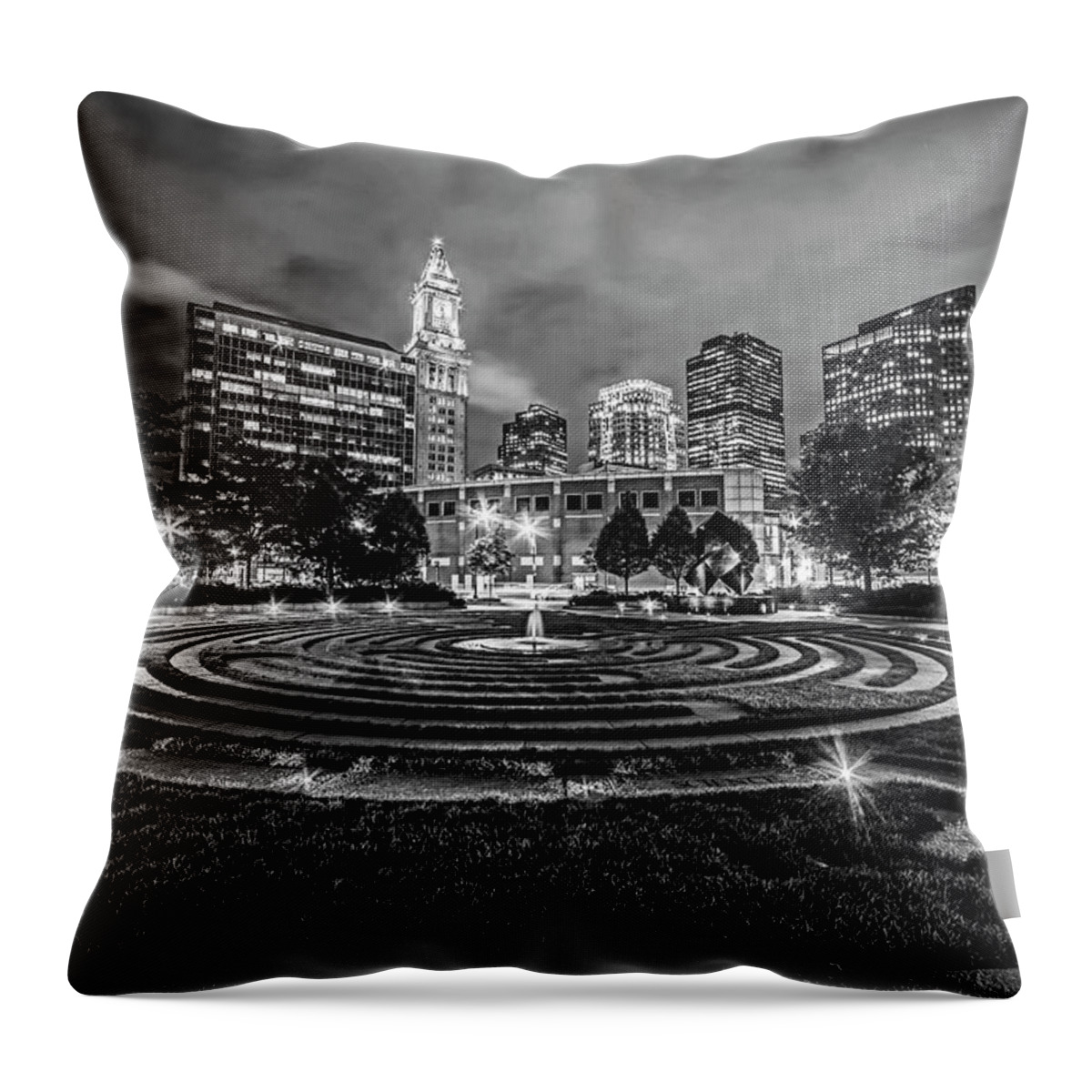 Boston Throw Pillow featuring the photograph Boston Armenian Heritage Park Sculpture Boston MA Skyline Black and White by Toby McGuire