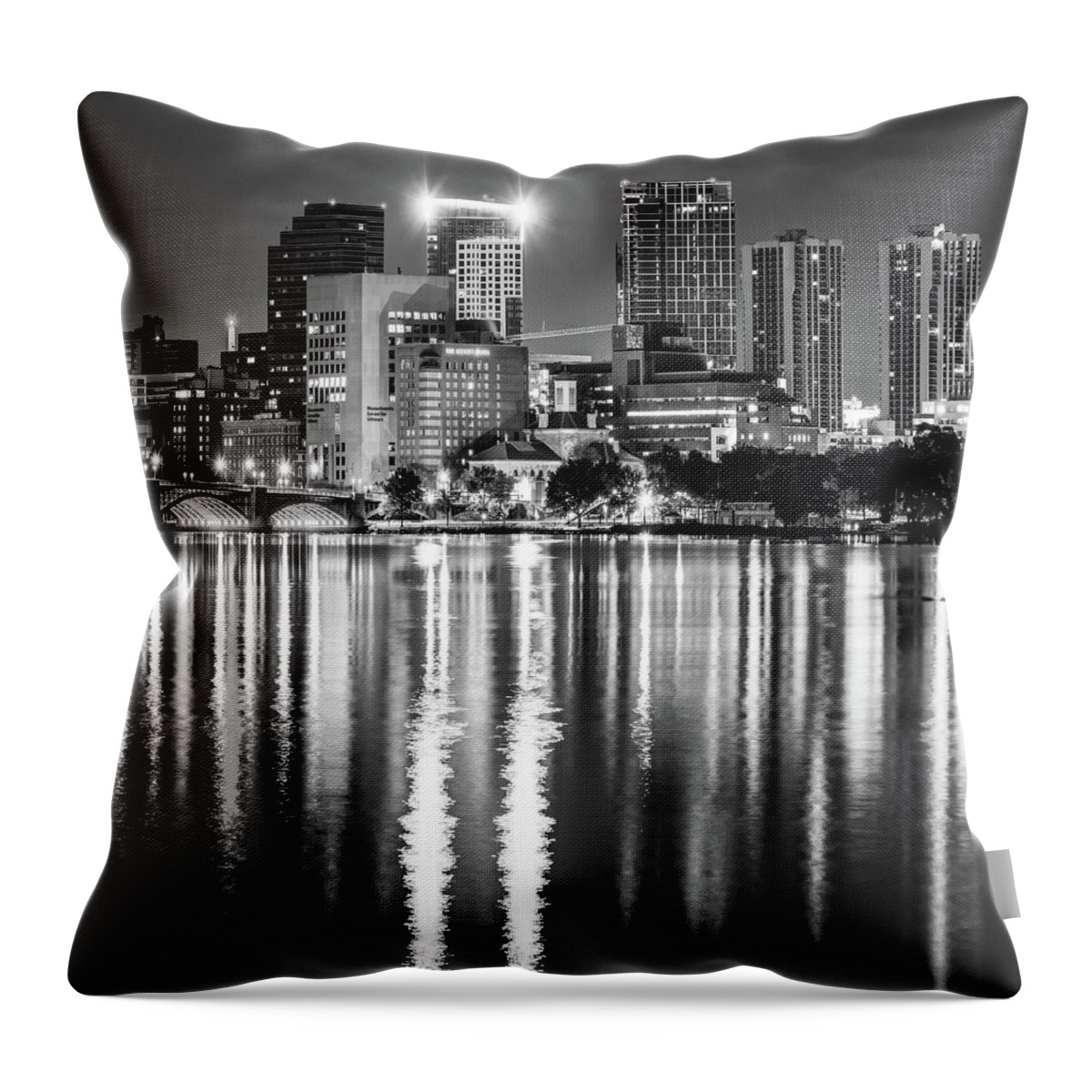Boston Skyline Throw Pillow featuring the photograph Boston City Skyline Over The Charles River - Black and White Grayscale by Gregory Ballos