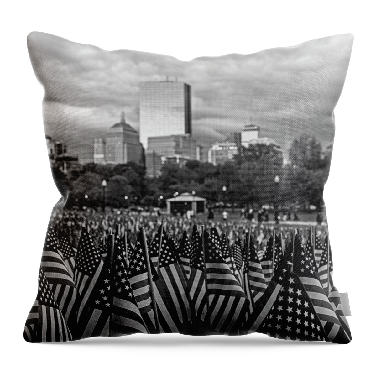 Boston Throw Pillow featuring the photograph Boston Common Memorial Day Flags Dramatic Sky Boston Massachusetts Black and White by Toby McGuire