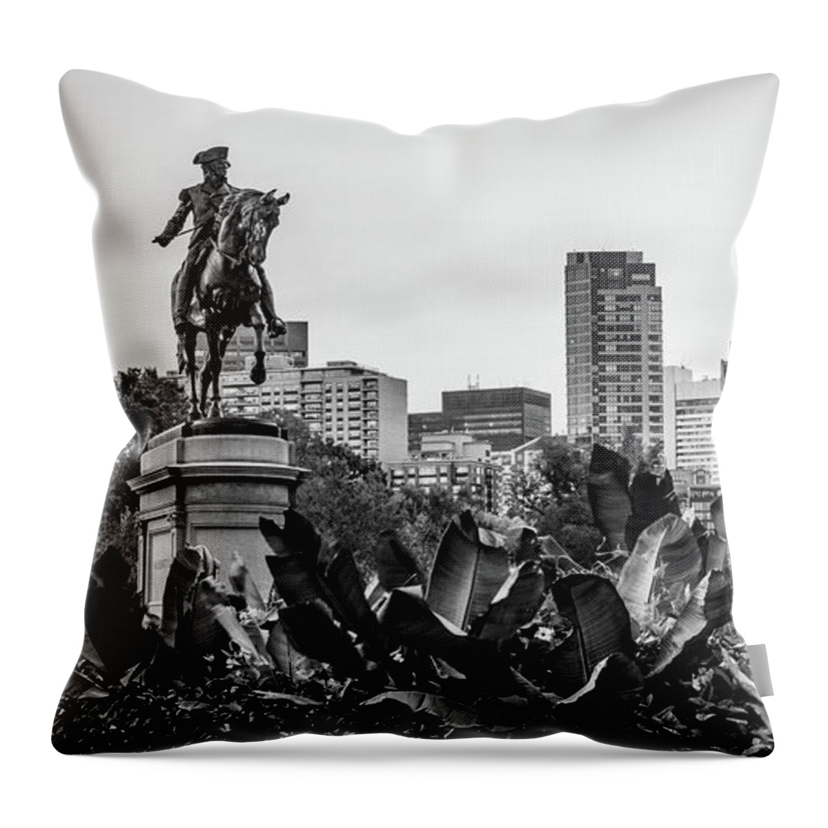 Boston Skyline Panorama Throw Pillow featuring the photograph Boston Public Garden Panoramic Skyline and Washington Monument in Black and White by Gregory Ballos