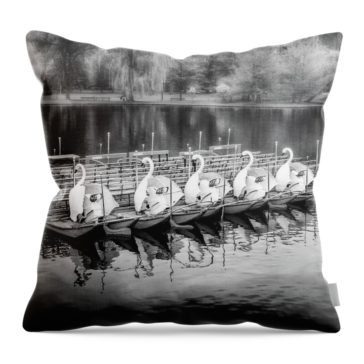 Boston Throw Pillow featuring the photograph Boston Public Garden Swan Boats Black and White by Carol Japp