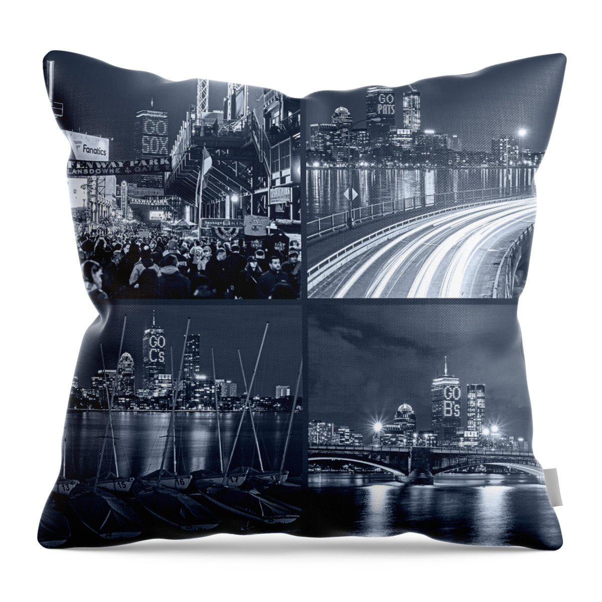 Boston Throw Pillow featuring the photograph Boston Sports Greatness The Prudential Lit up for the Red Sox,Patriots, Celtics and Bruins Mono Blue by Toby McGuire