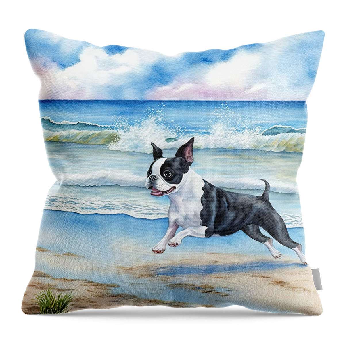 Boston Terrier Throw Pillow featuring the painting Boston Terrier at beach by N Akkash