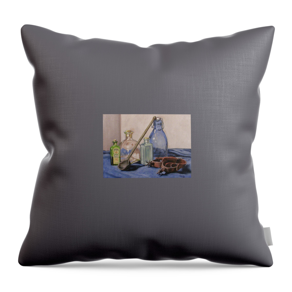 Oil Painting Throw Pillow featuring the painting Bottles and spurs by Todd Cooper