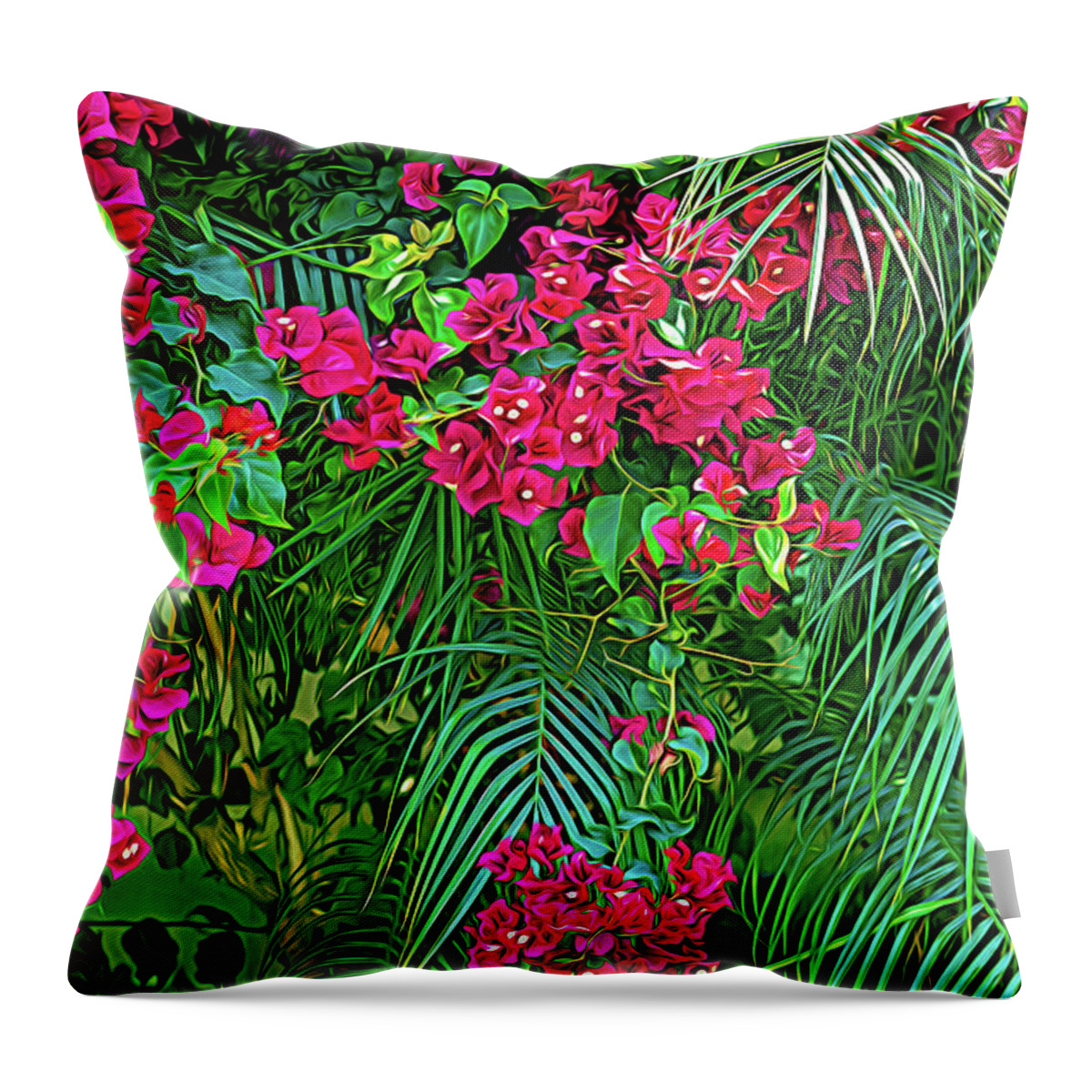 Bougainvillea Throw Pillow featuring the photograph Bougainvillea with Palm Fronds-I by Roslyn Wilkins