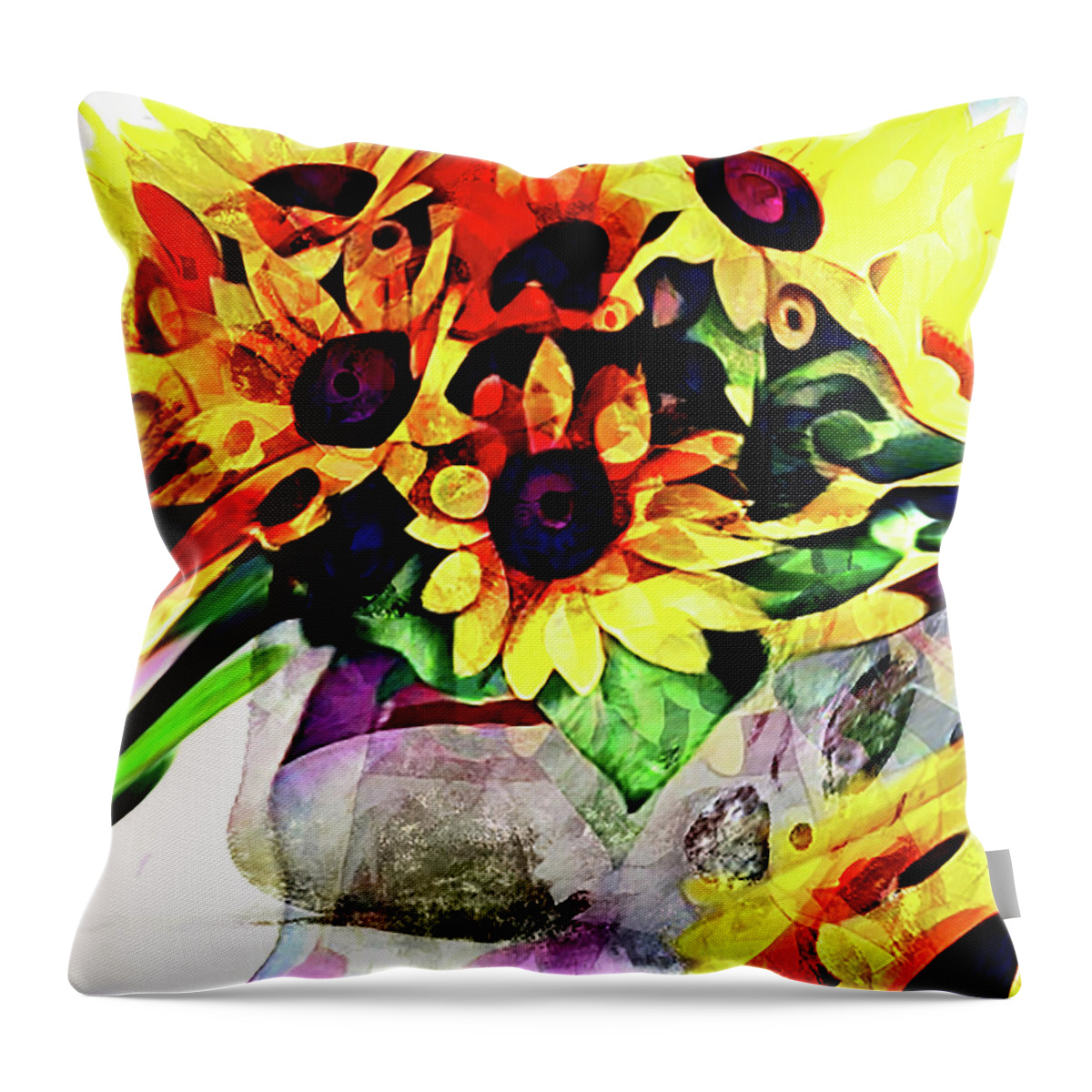 Sunflowers Throw Pillow featuring the digital art Bouquet Sunflowers Abstract by Cathy Anderson