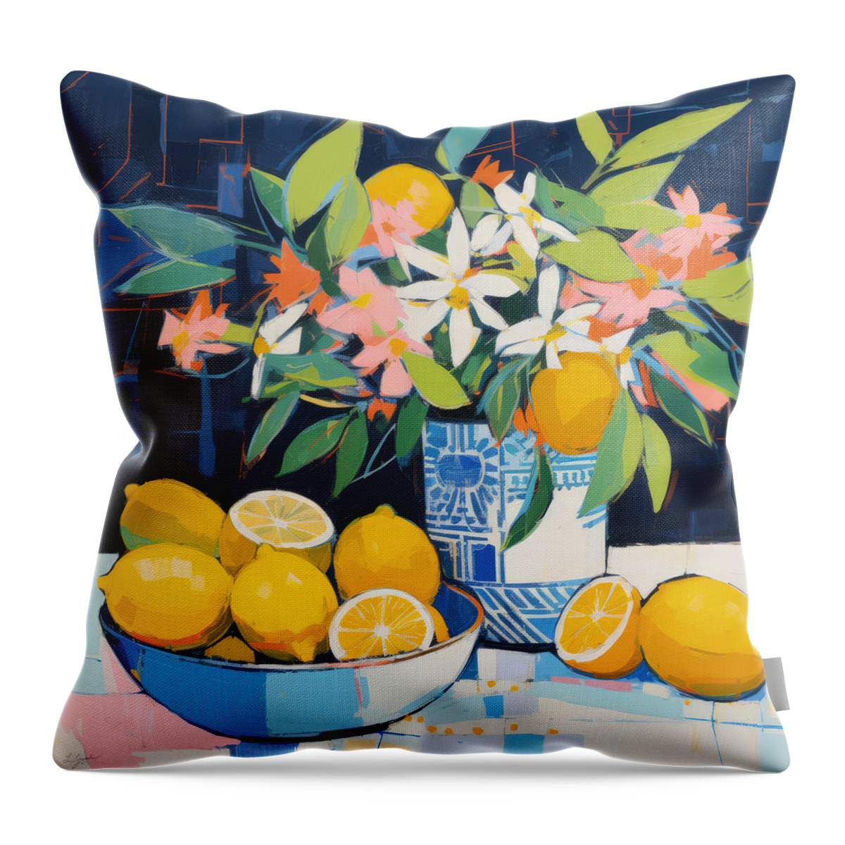 Lemons Throw Pillow featuring the painting Bowl of Lemons by Lourry Legarde