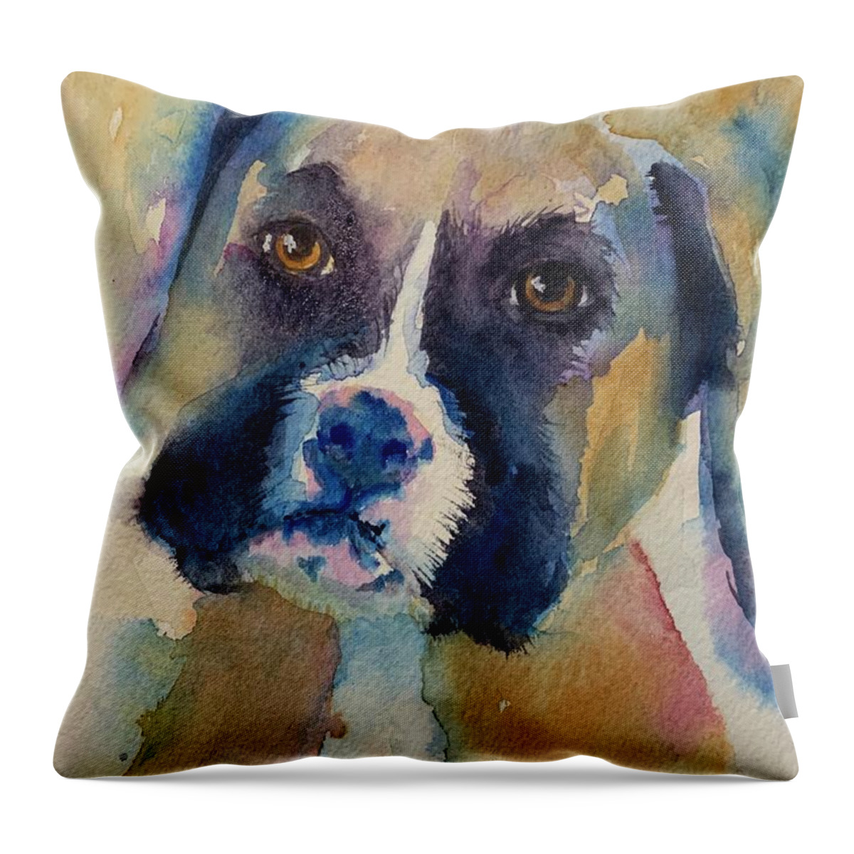 Watercolor Throw Pillow featuring the painting Boxer Puppy by Christine Marie Rose
