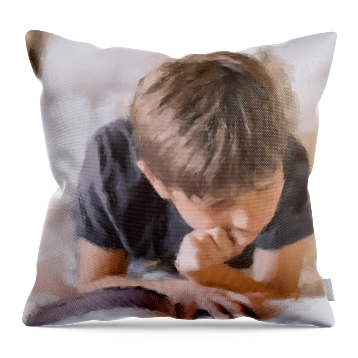 Reading Throw Pillow featuring the painting Boy Studying by Gary Arnold