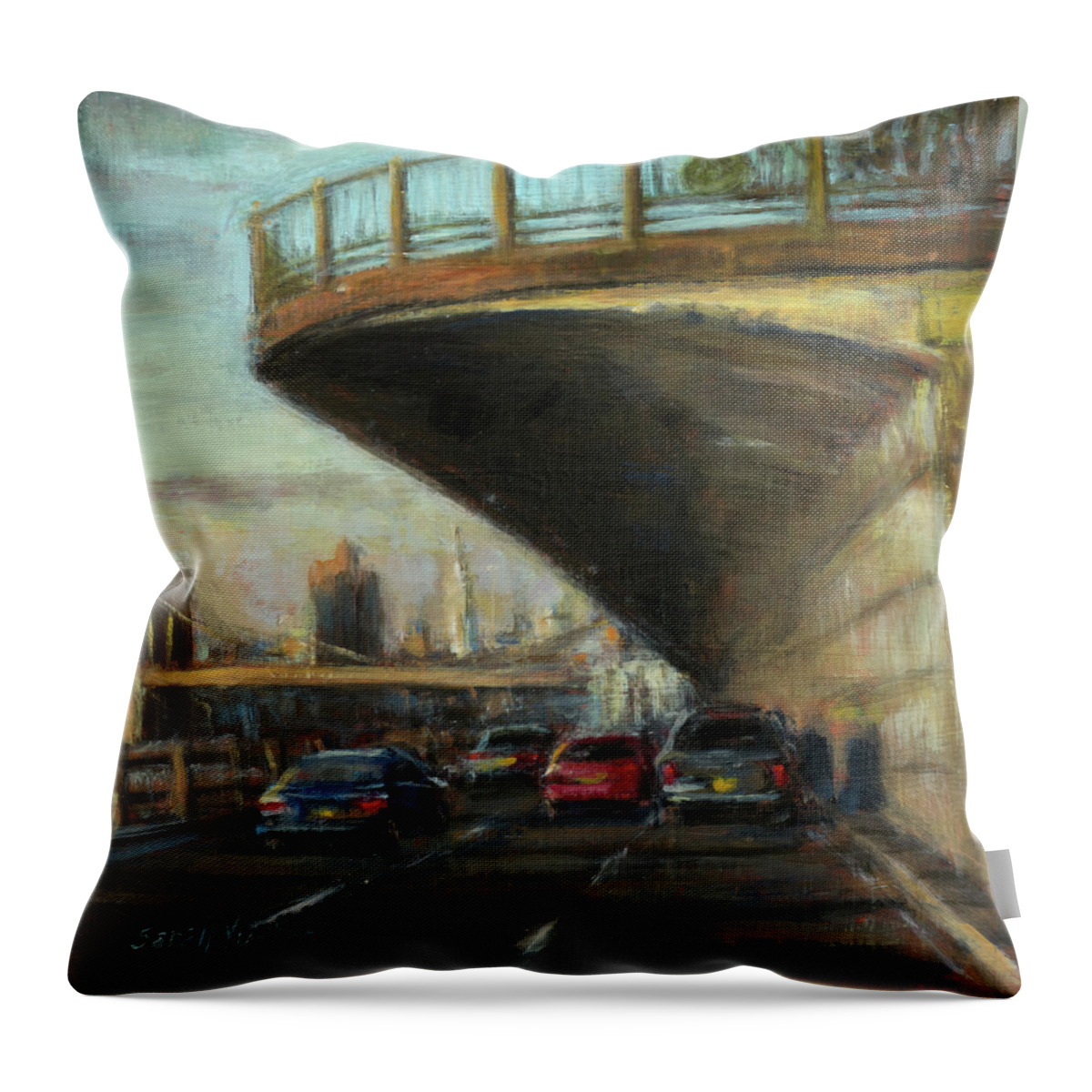 Manhattan Throw Pillow featuring the painting BQE East by Sarah Yuster