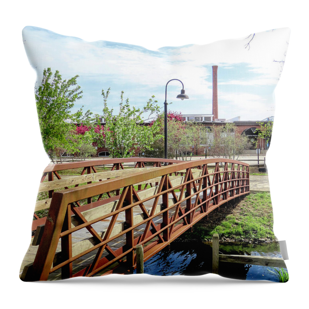 Plymouth Cordage Co Throw Pillow featuring the photograph Bridge view of the smokestack by Janice Drew