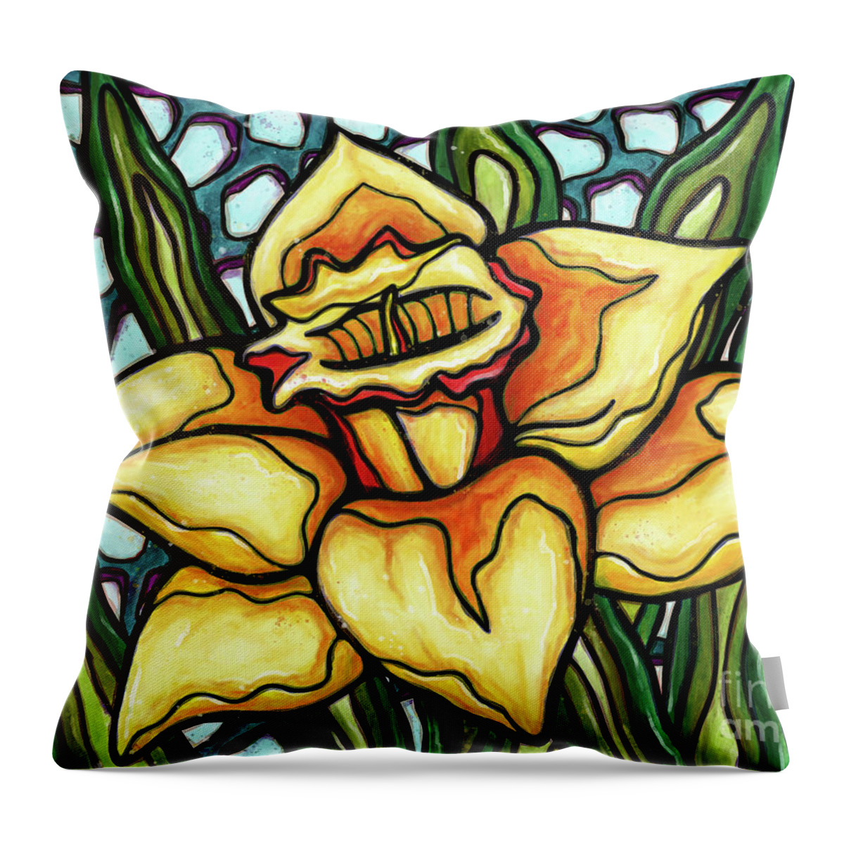 Daffodil Throw Pillow featuring the painting Bright daffodil painting, yellow spring blossom by Nadia CHEVREL