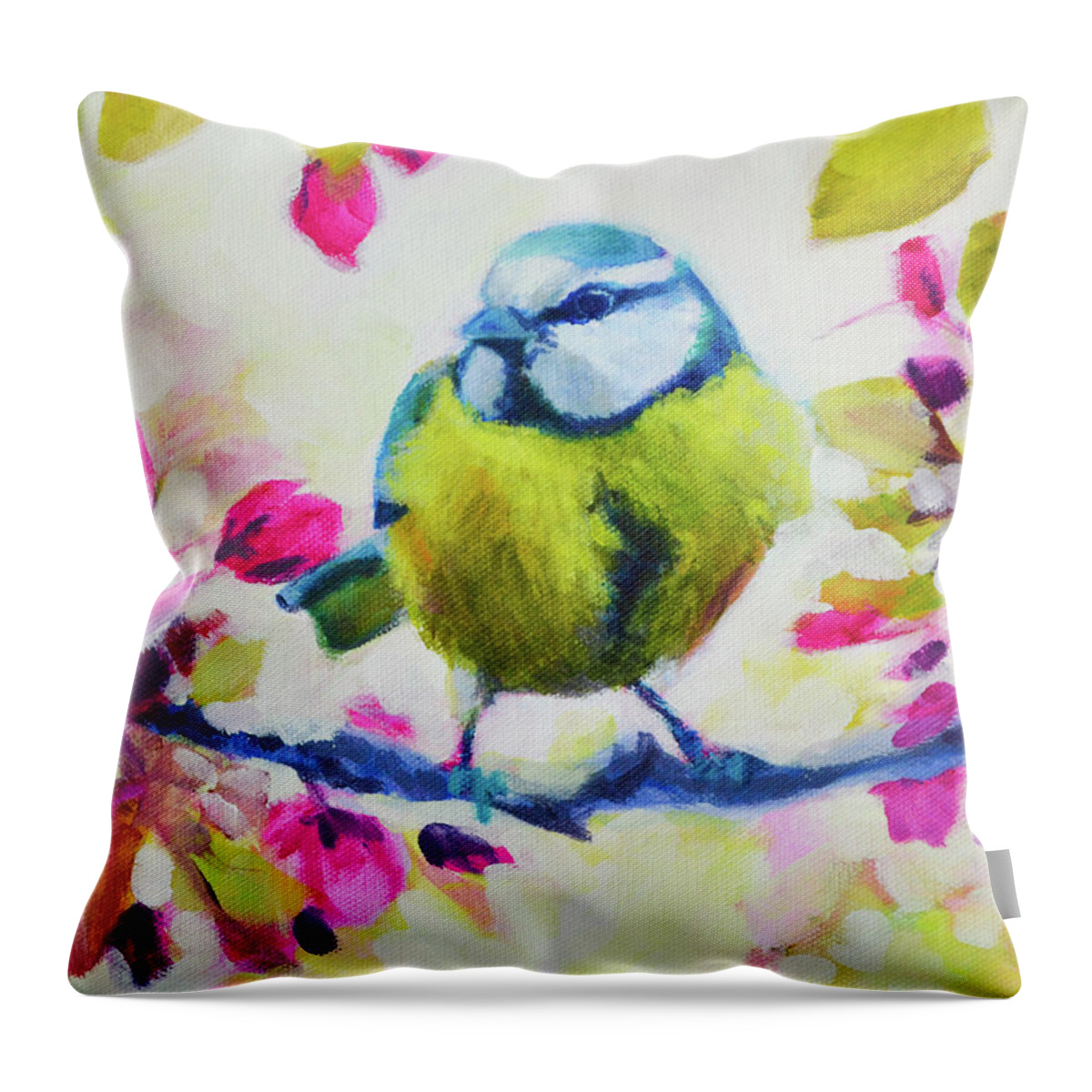 Birds Throw Pillow featuring the painting Bright Little Bird by Amanda Schwabe
