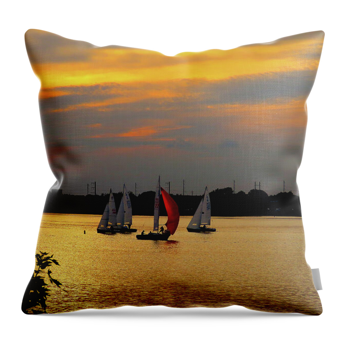 Sailboats Throw Pillow featuring the photograph Bright Sails at Sunset by Linda Stern
