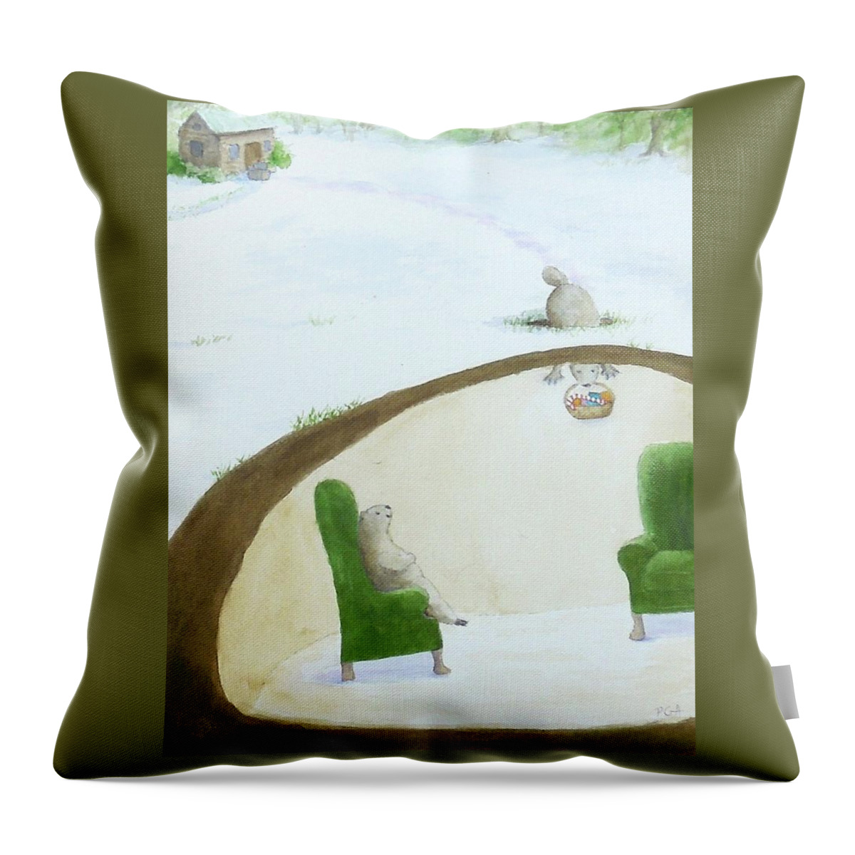 Groundhog Throw Pillow featuring the painting Bringing Home the Goods by Phyllis Andrews