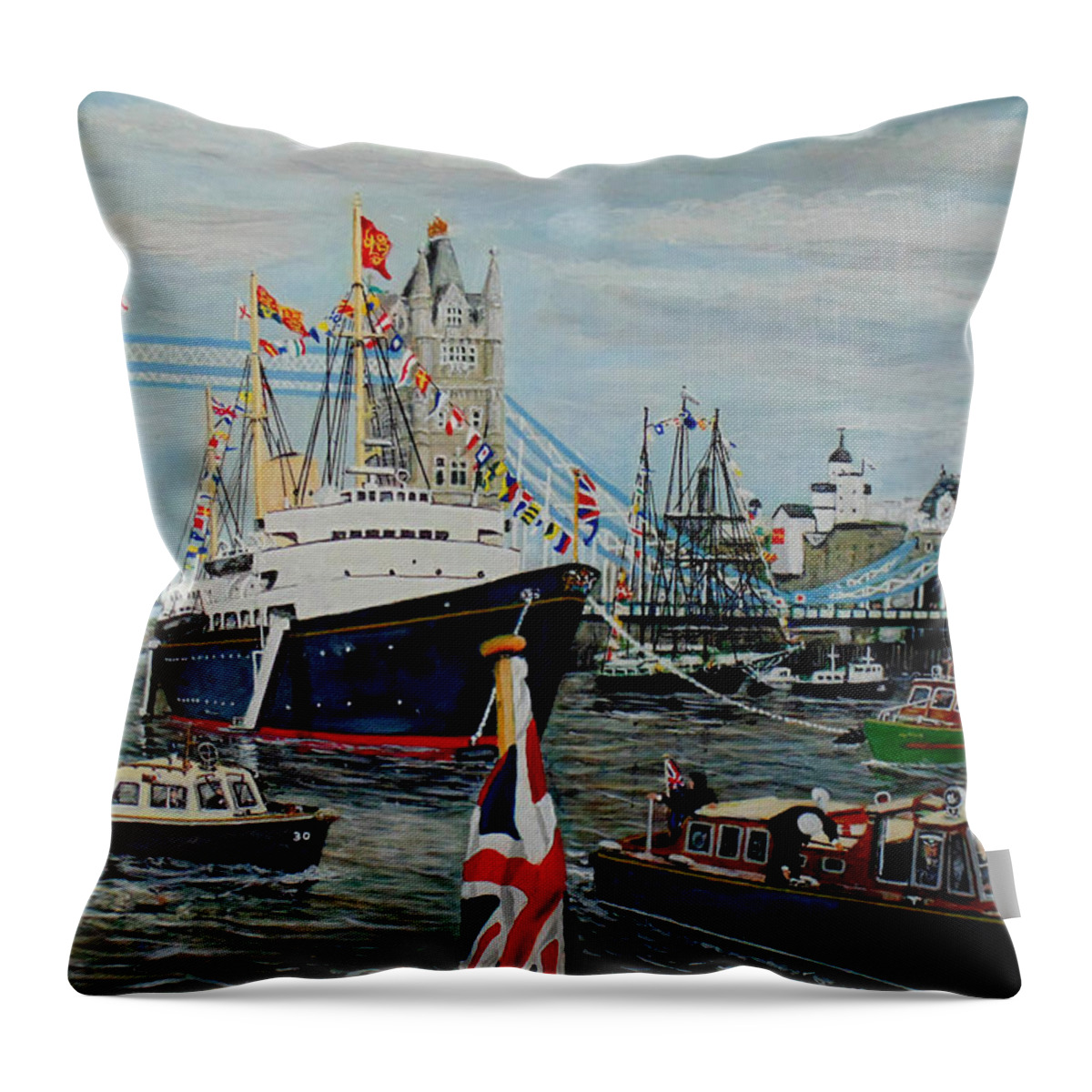 Britannia Throw Pillow featuring the painting Britannnia And Tower Bridge The Silver Jubilee 1977 by Mackenzie Moulton