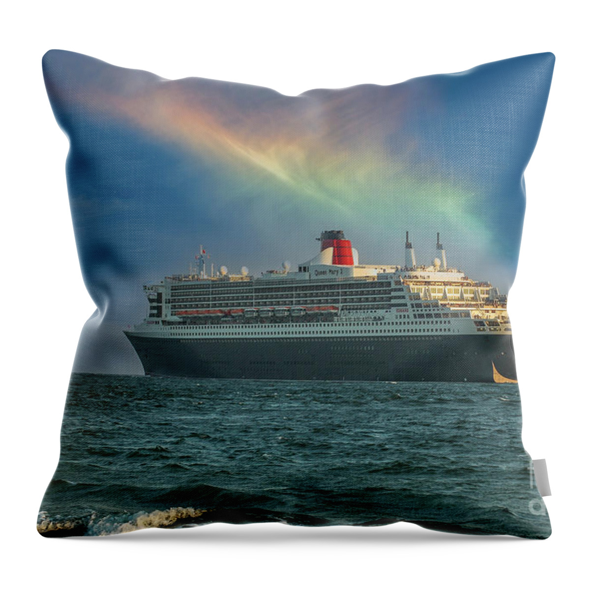 Queen Mary Ii Throw Pillow featuring the photograph British Transatlantic Ocean Liner Leaving Charleston South Carolina June 7 2006 by Dale Powell