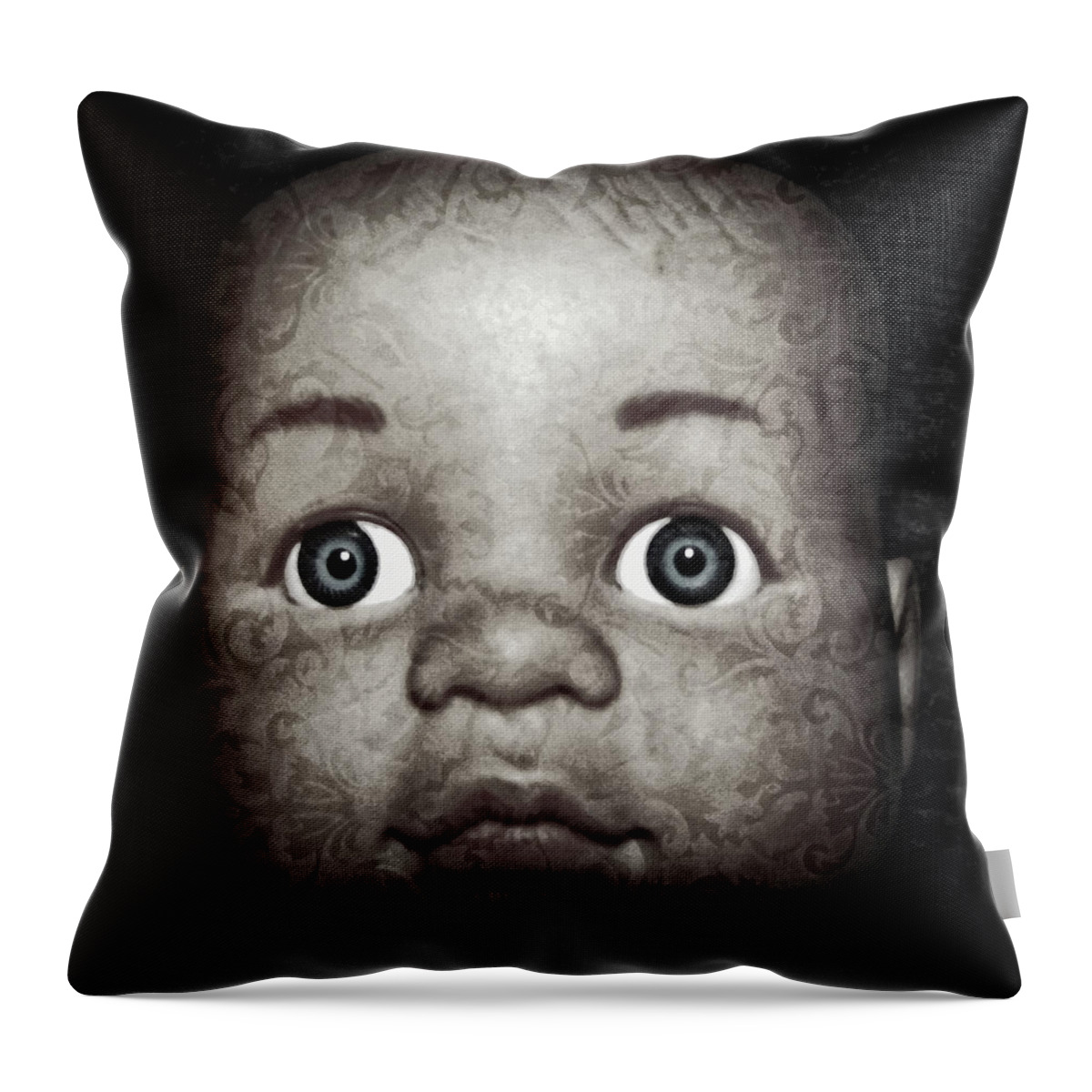 Black And White Throw Pillow featuring the photograph Brocade Doll's Head by Tikvah's Hope