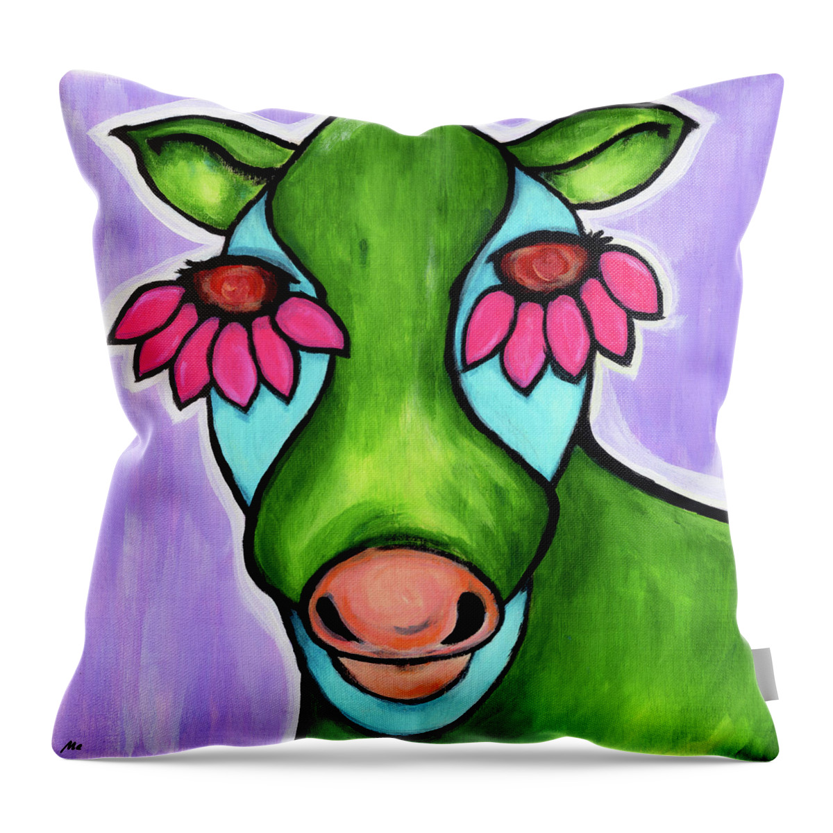 Cow Throw Pillow featuring the painting Broccoli The Cow by Meghan Elizabeth
