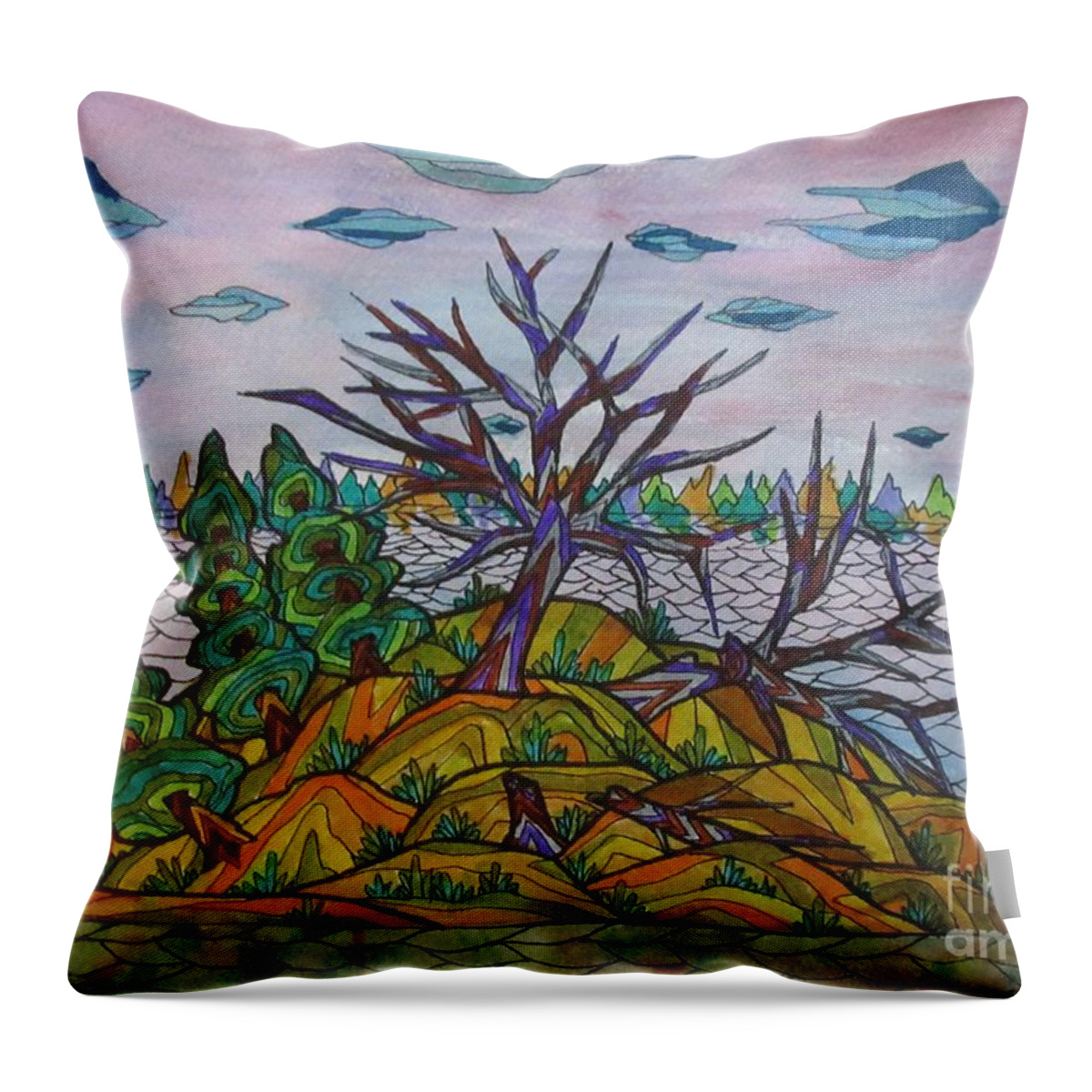 Island Trees Landscape Abstract Yellow Pillow Cushion Mask Ontario Canada Group Of 7 Decor Decrotive Office Throw Pillow featuring the mixed media Broken Tree Island by Bradley Boug