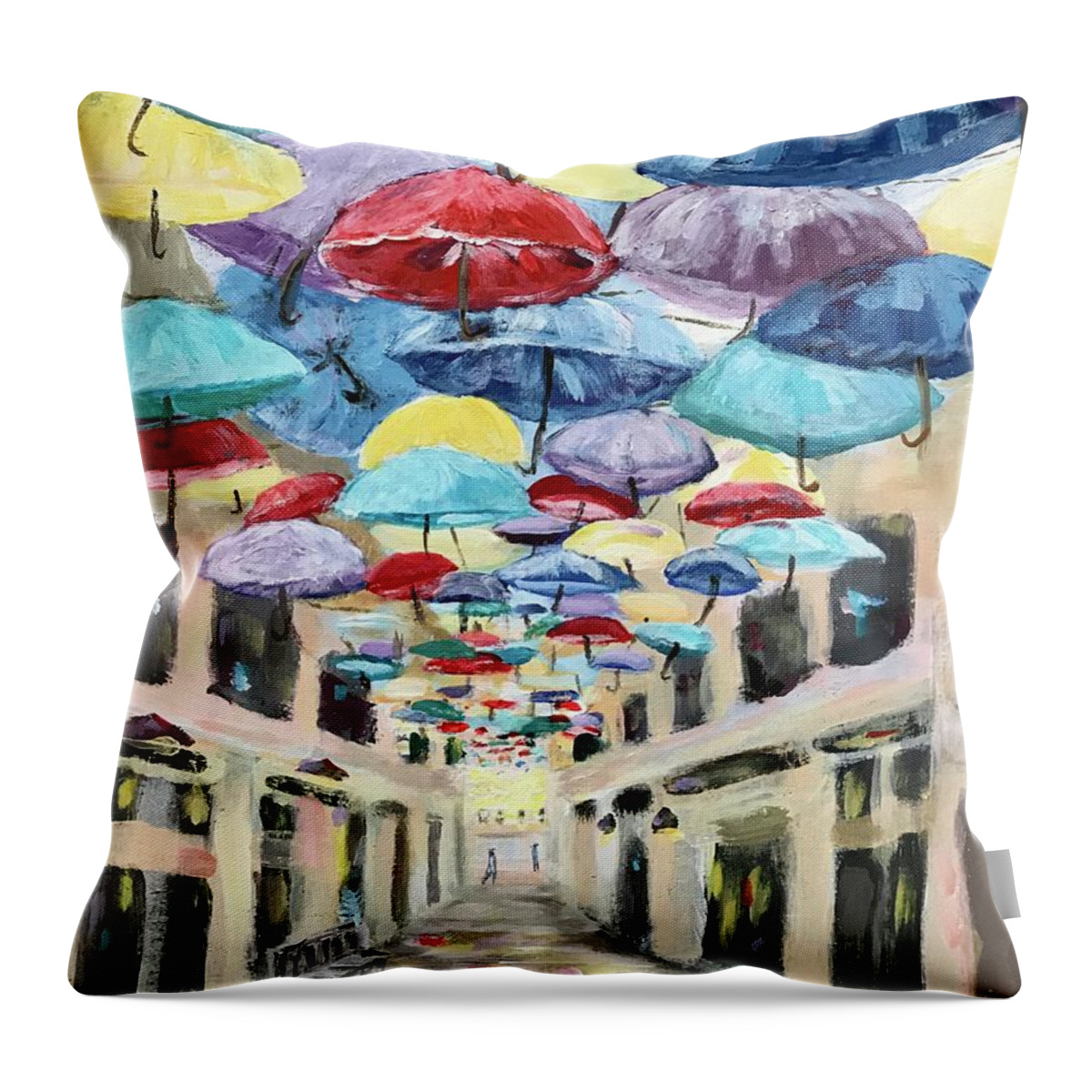 Parasols Throw Pillow featuring the painting Brolly Passage by Deborah Smith