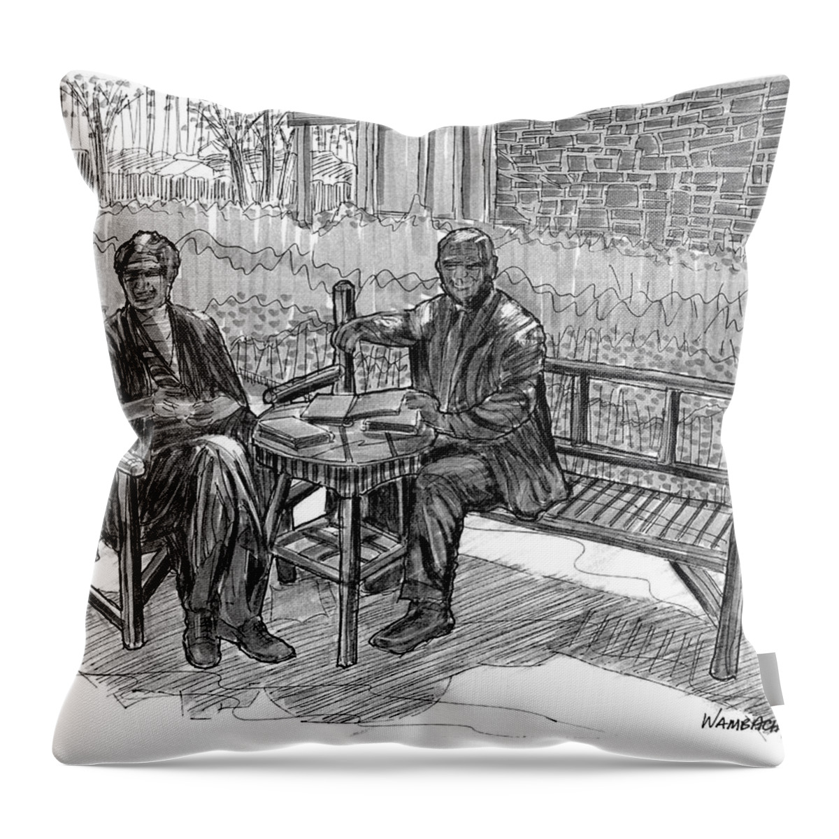 Fdr Throw Pillow featuring the drawing Bronze Eleanor and Franklin Roosevelt by Richard Wambach