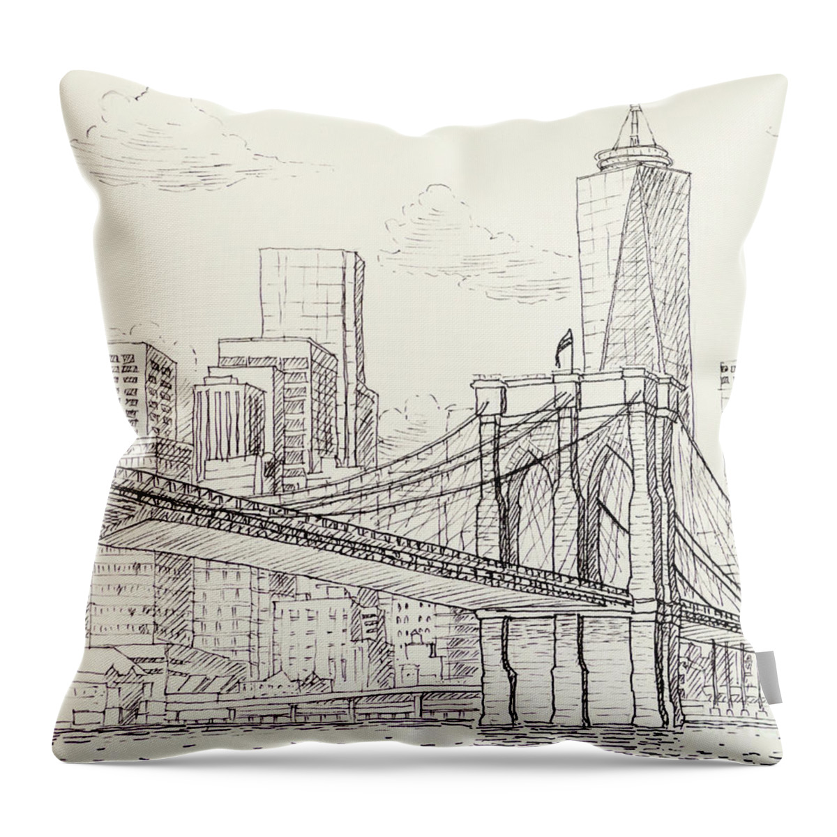 Ny Throw Pillow featuring the drawing Brooklyn Bridge by Tesh Parekh