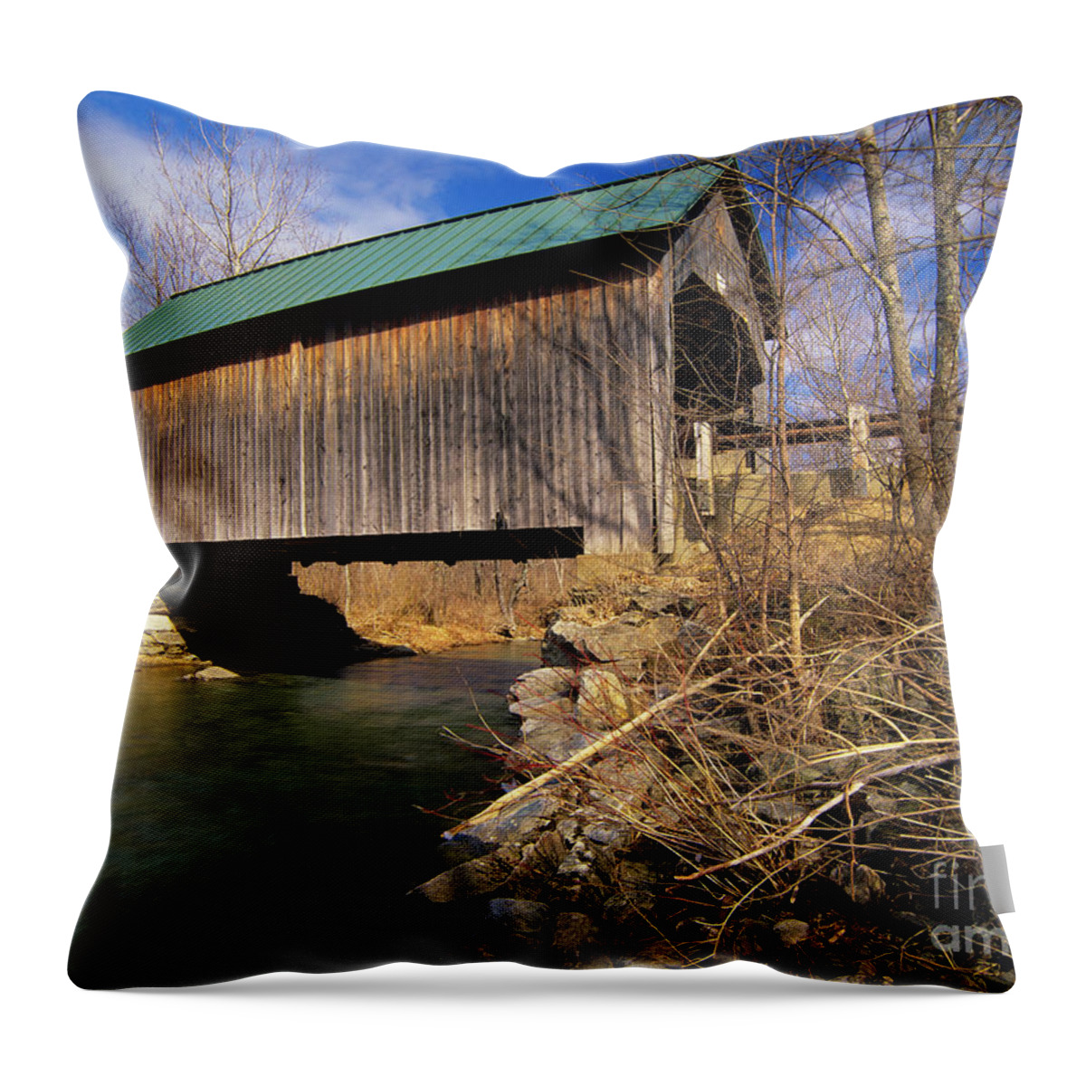 Backroad Throw Pillow featuring the photograph Brownsville Covered Bridge - Brownsville Vermont by Erin Paul Donovan