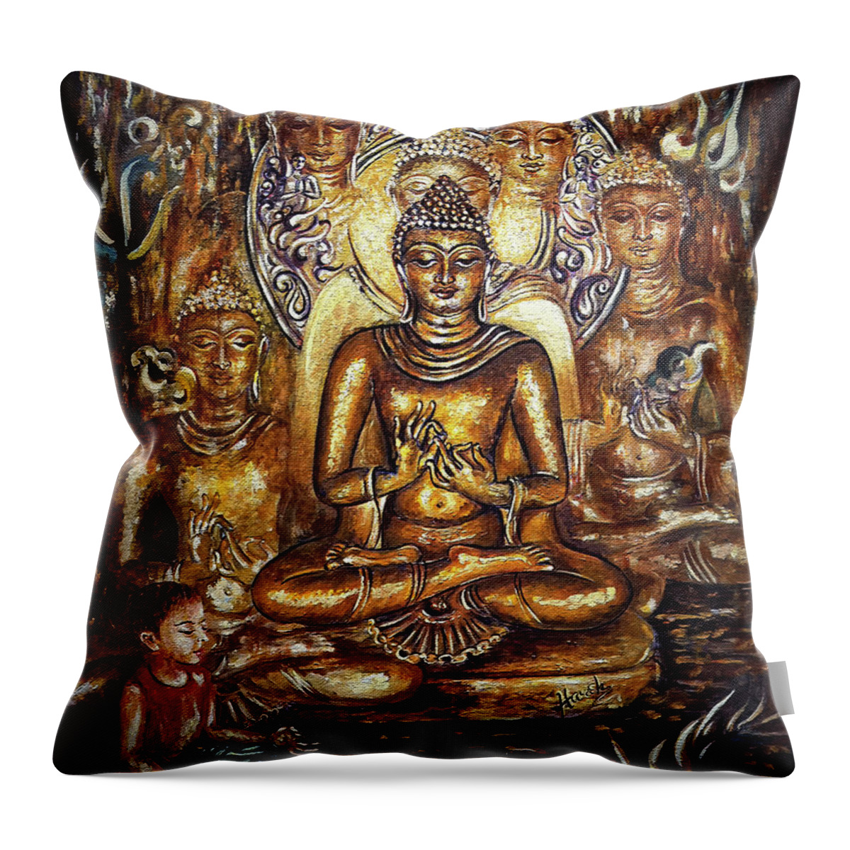 Gold Throw Pillow featuring the painting Buddha Reflections by Harsh Malik