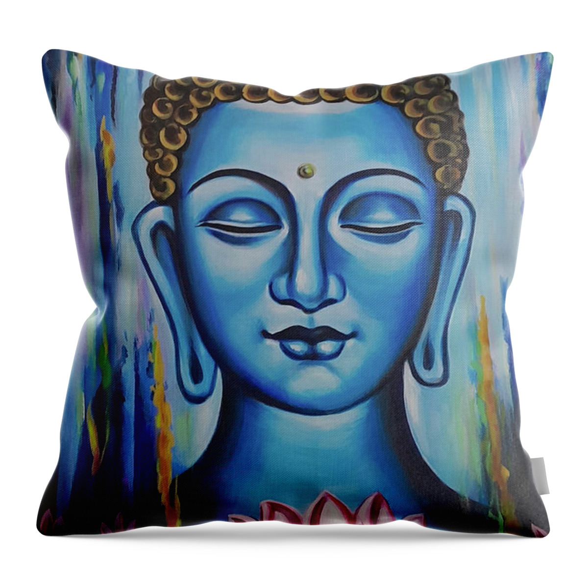 Buddha Handmade Painting On Canvas Throw Pillow featuring the painting Buddha with fluorescent color handmade painting by Manish Vaishnav