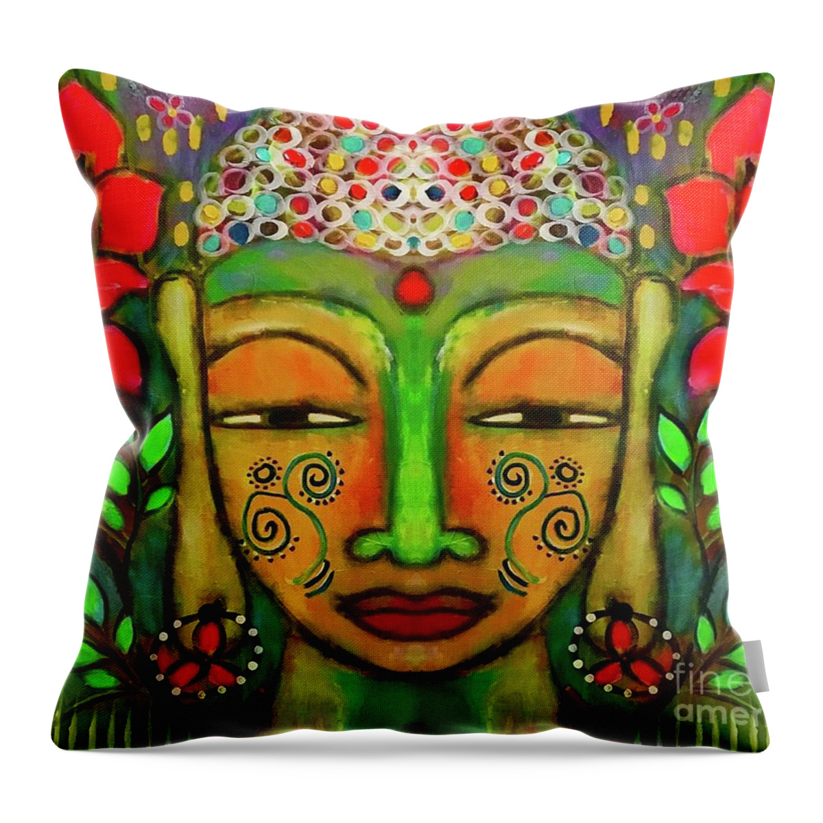 Buddha Throw Pillow featuring the painting Buddha with red irises by Corina Stupu Thomas