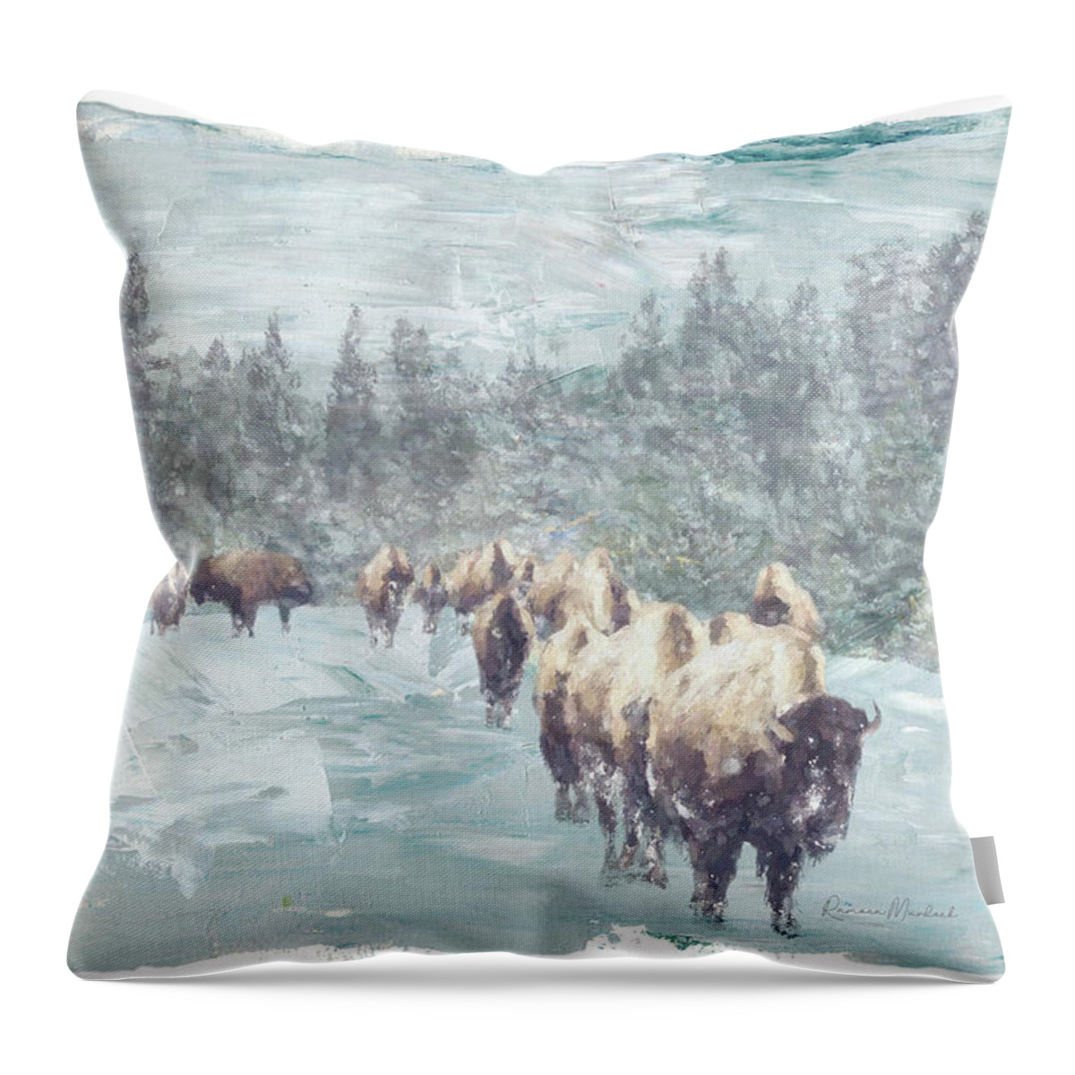 Abstract Throw Pillow featuring the digital art Buffalo Herd by Ramona Murdock