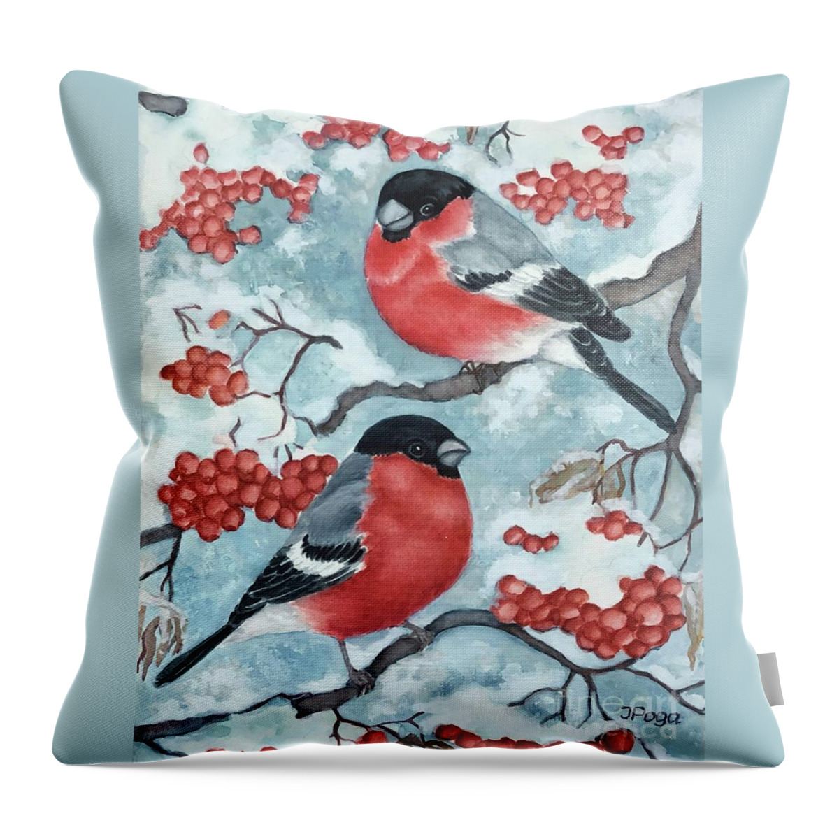 Bird Watercolor Throw Pillow featuring the painting Bullfinch Couple by Inese Poga