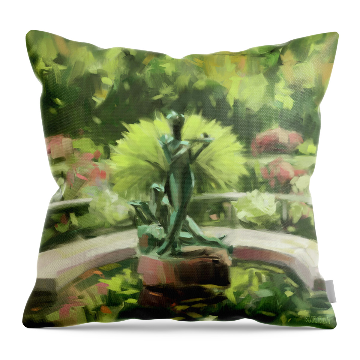 Central Park Throw Pillow featuring the painting Burnett Fountain Conservatory Garden Central Park NYC by Beverly Brown