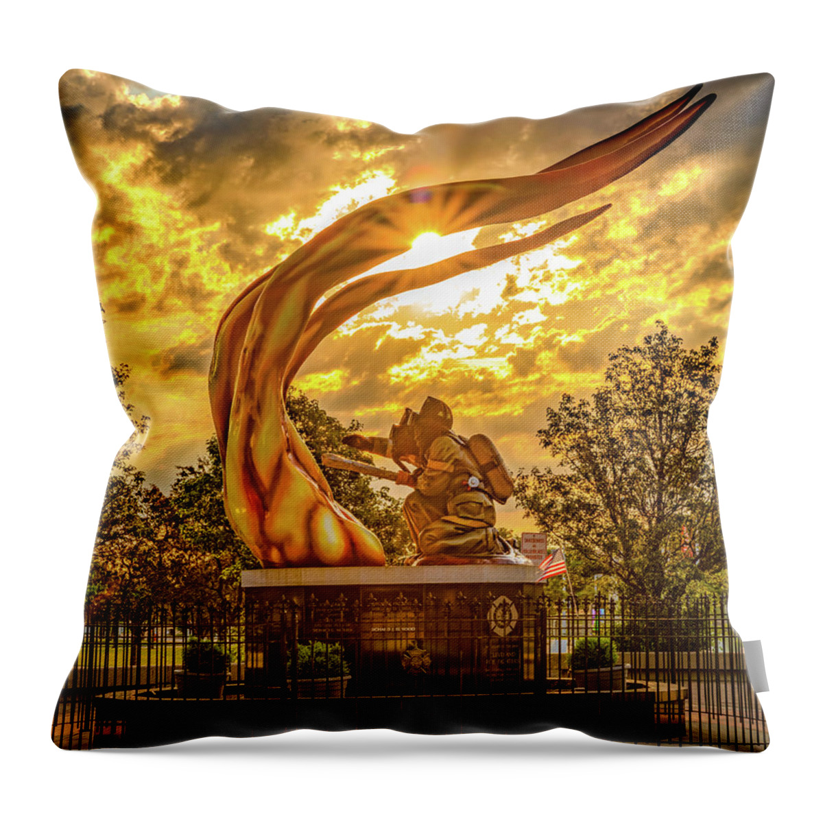 Cleveland Ohio Throw Pillow featuring the photograph Burning Sunrise At The Cleveland Fire Fighters Memorial by Gregory Ballos