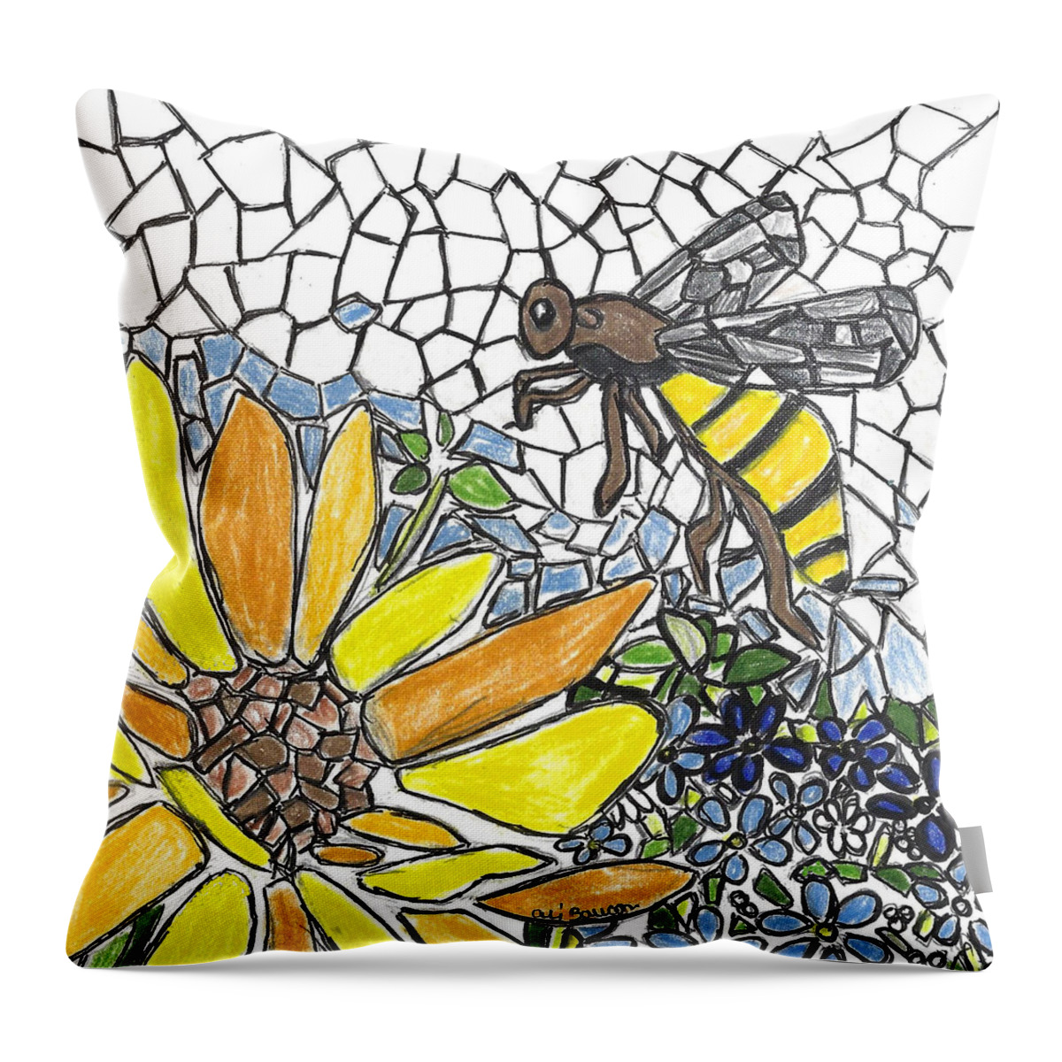 Buzz Throw Pillow featuring the drawing Buzzing About a Bee Flying above a Yellow Flower Mosaic Style by Ali Baucom