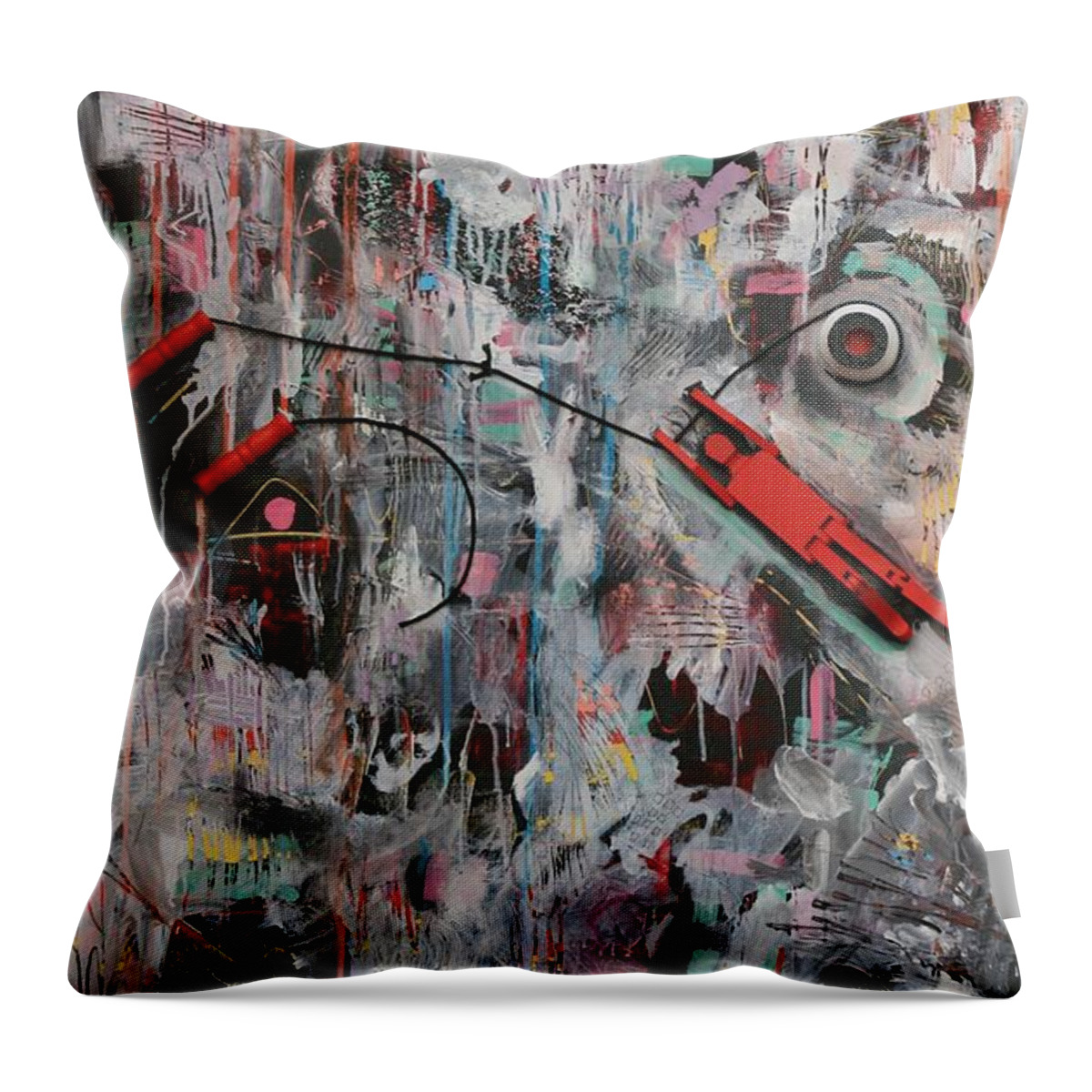 Mixed Media Abstract Throw Pillow featuring the mixed media By a Thread by Jean Clarke