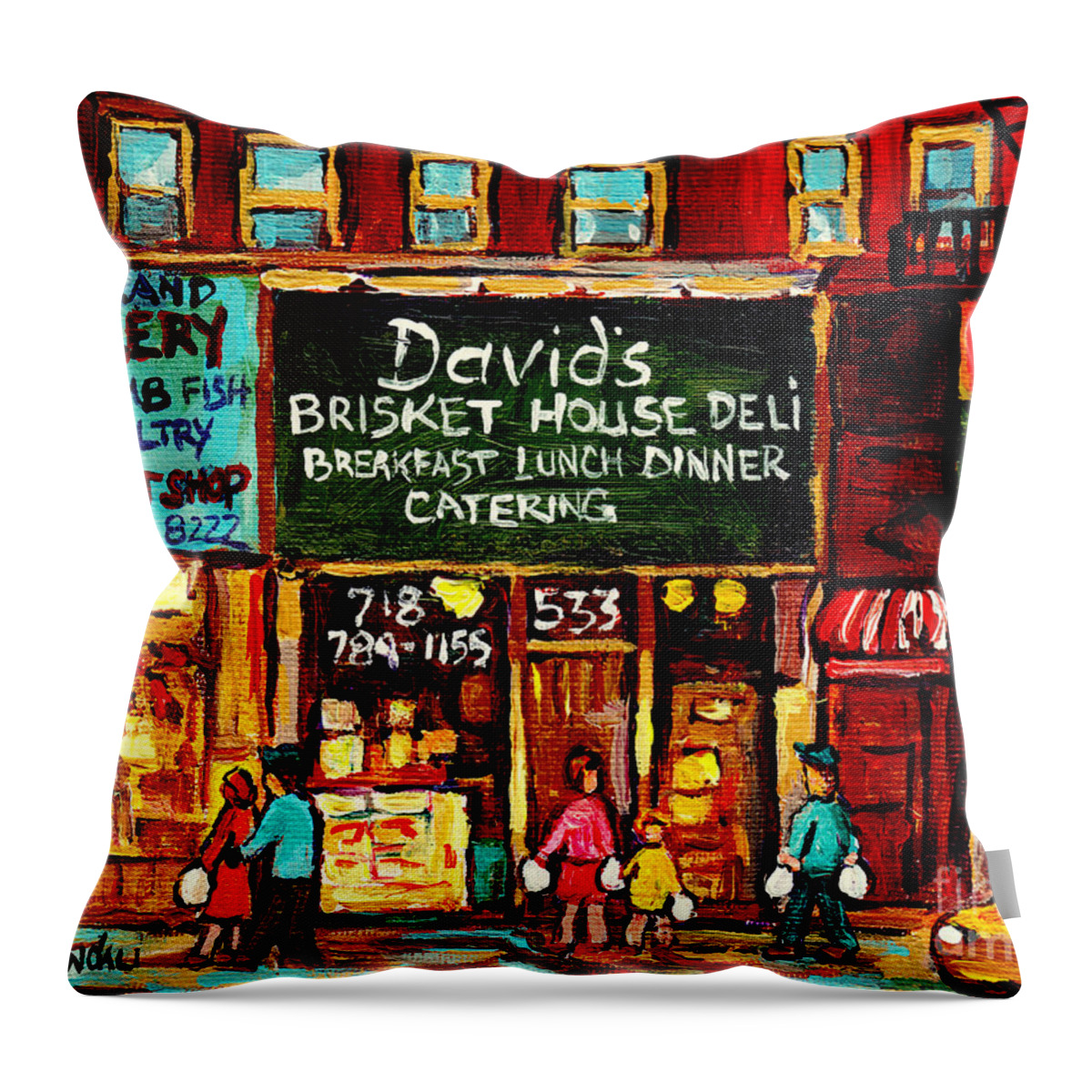 New York Throw Pillow featuring the painting C Spandau Fine Artist Paints Best New York City Restaurants David's Brisket House Deli Crown Heights by Carole Spandau