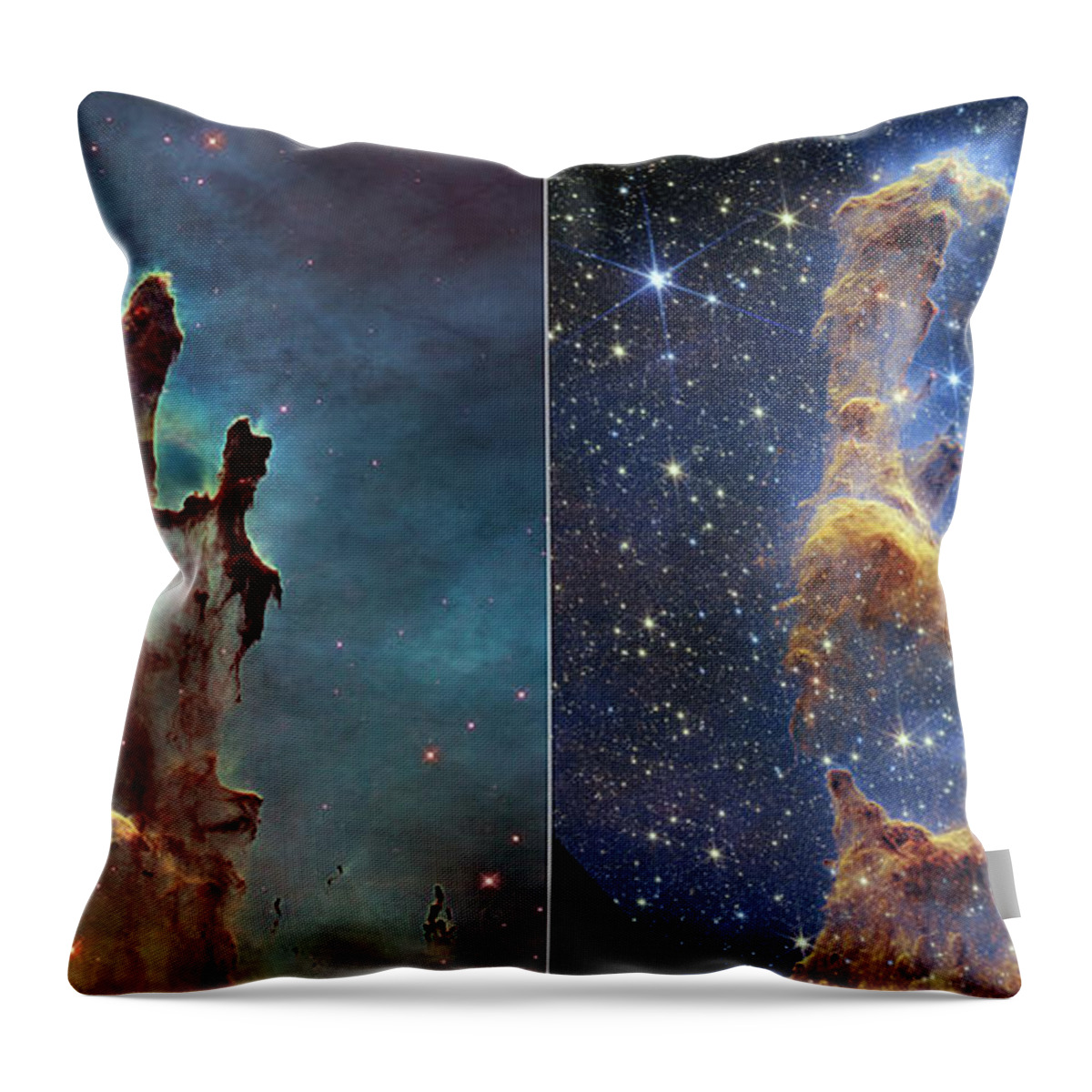 August Throw Pillow featuring the photograph Pillars of Creation, JWST and Hubble images by Science Photo Library