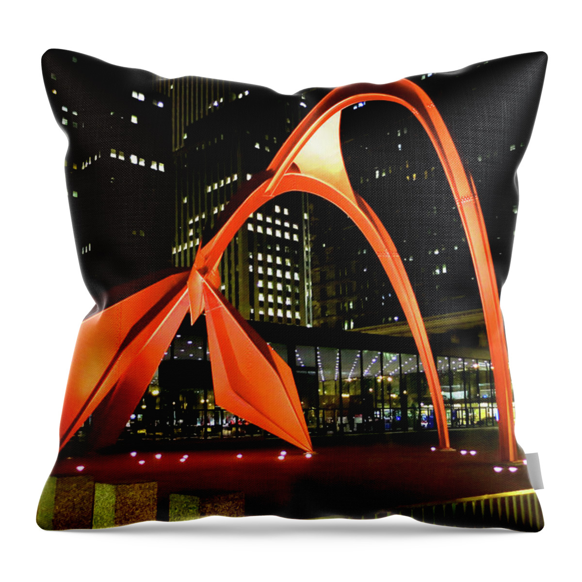 Architecture Throw Pillow featuring the photograph Calder Flamingo Sculpture Chicago Night by Patrick Malon