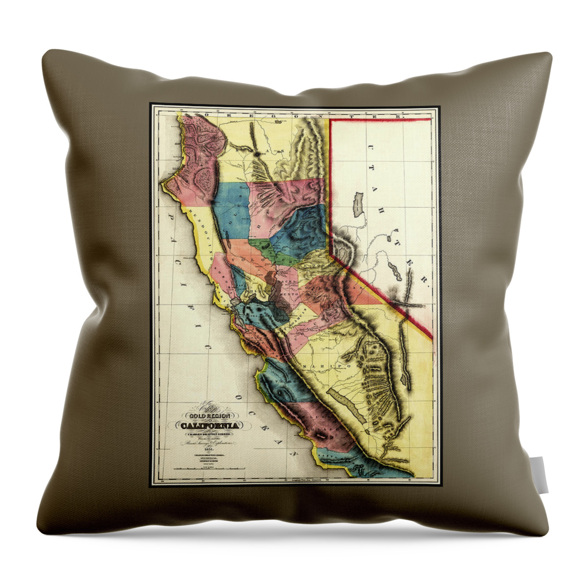 California Throw Pillow featuring the photograph California Gold Region Vintage Map 1851 by Carol Japp