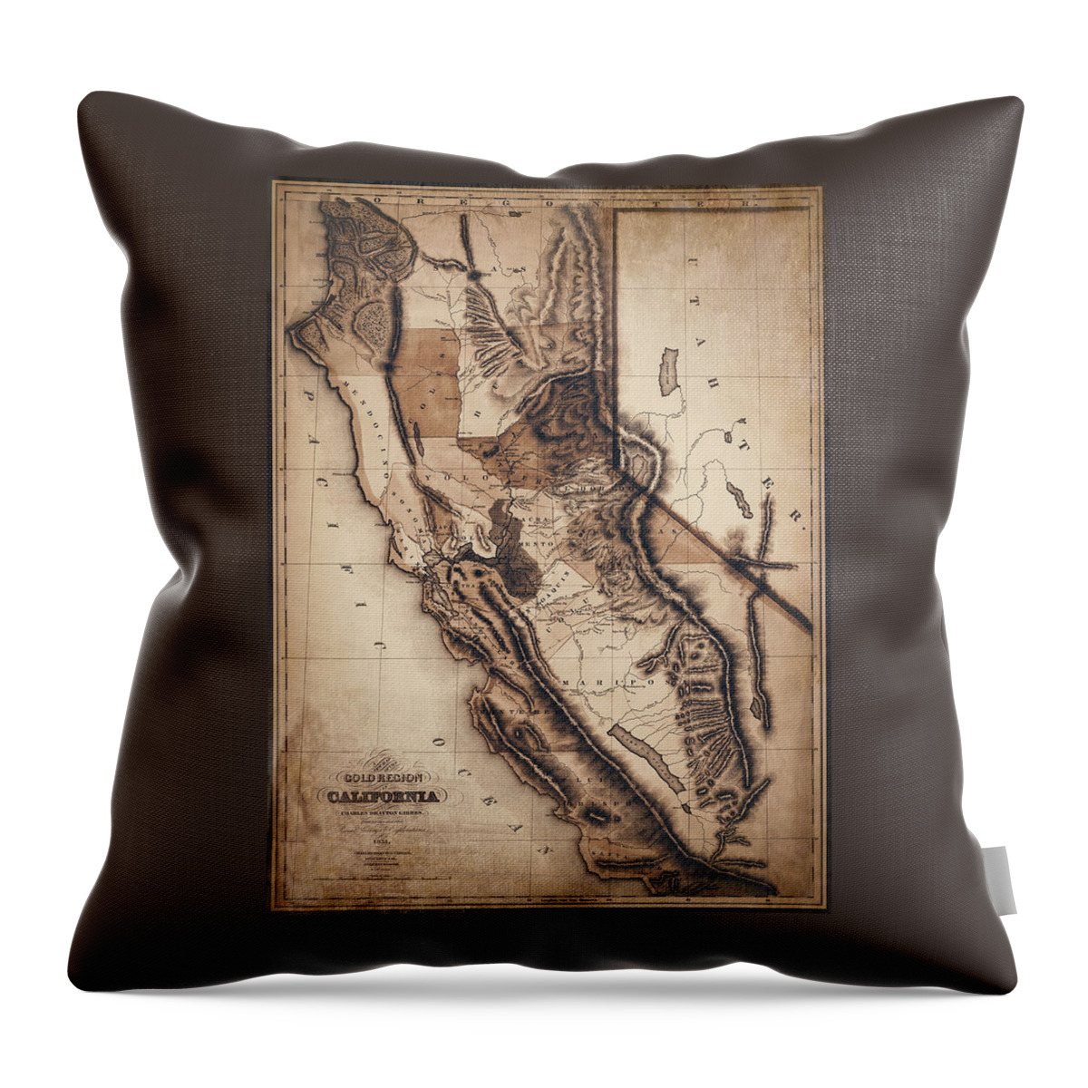 California Throw Pillow featuring the photograph California Gold Region Vintage Map 1851 Sepia by Carol Japp