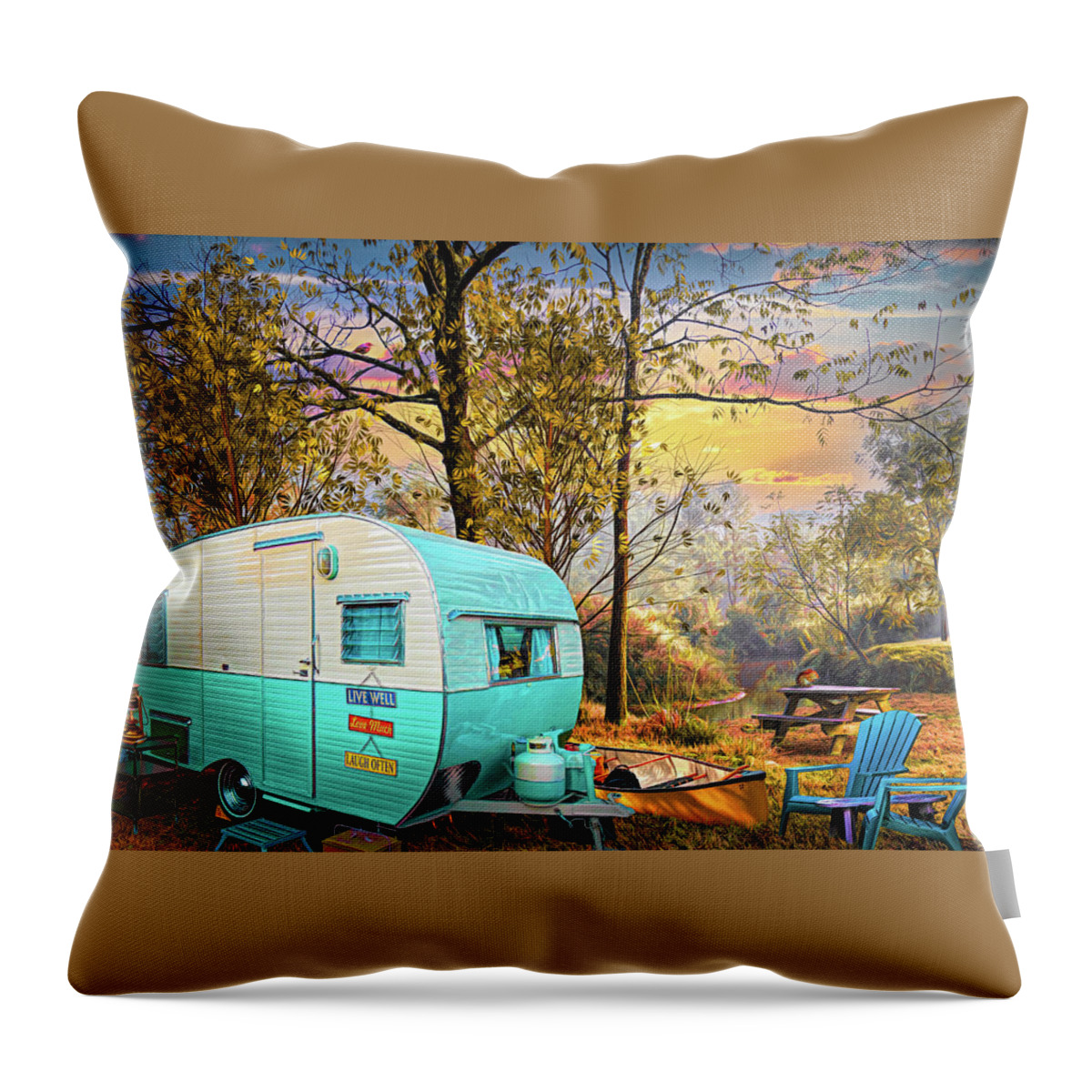 Camper Throw Pillow featuring the digital art Camping at the Creek Autumn Painting by Debra and Dave Vanderlaan